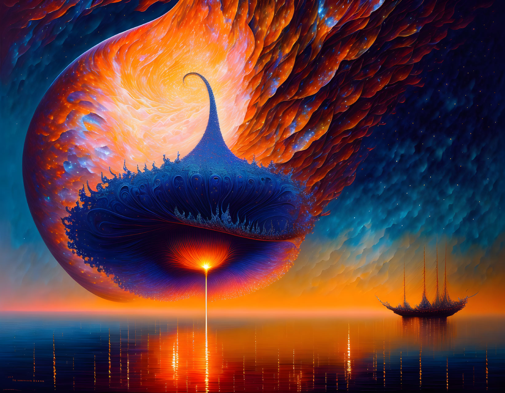 Surreal fiery peacock-tailed entity above calm sea & sailboat