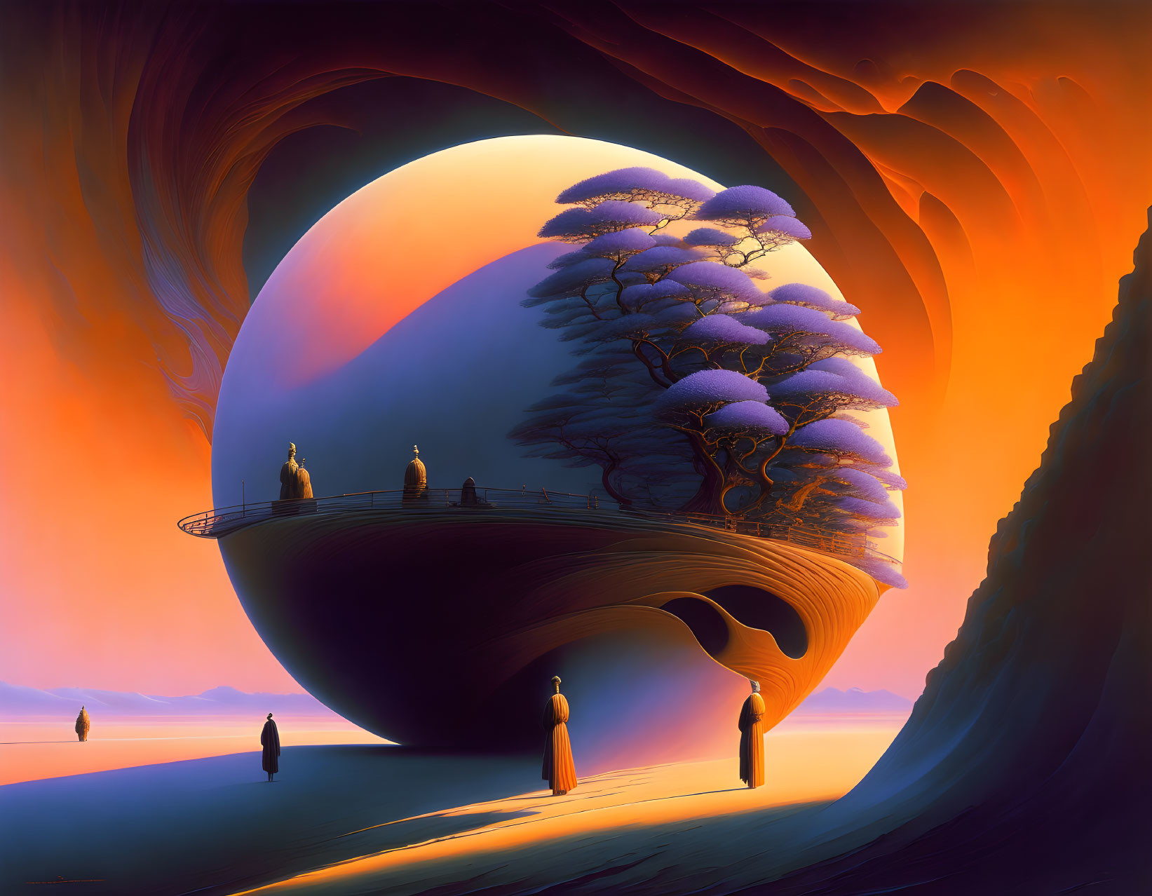 Surreal landscape featuring glossy orb structure, trees, people in robes, and warm-hued canyon