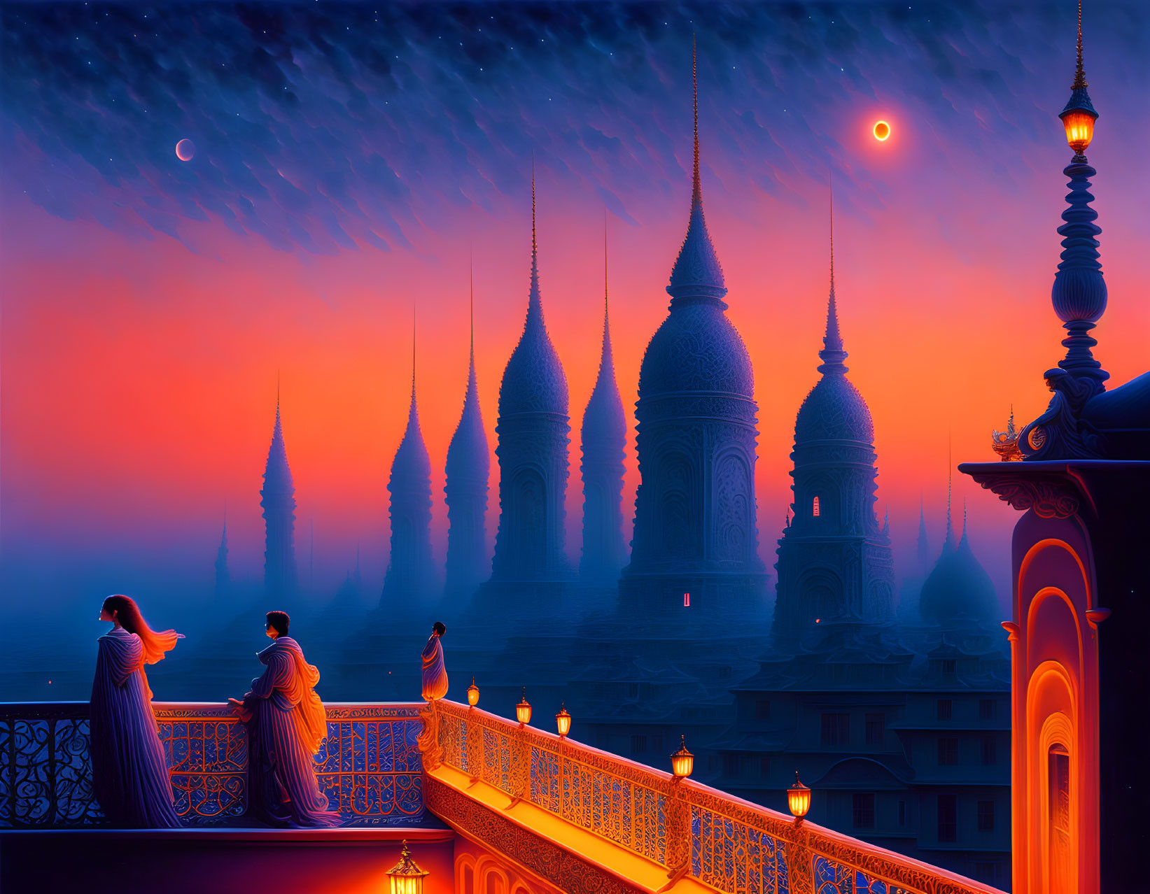 Couple on balcony overlooking fantastical city at sunset