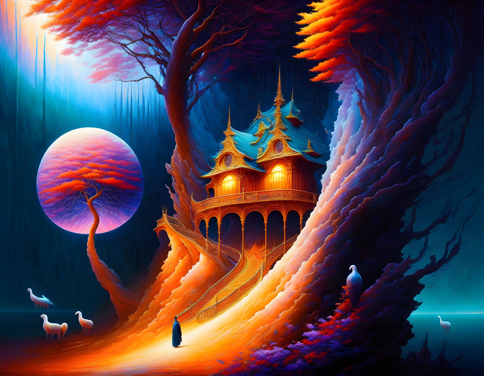 Fantasy landscape with golden pagoda, fiery tree, cranes, robed figure, and blue