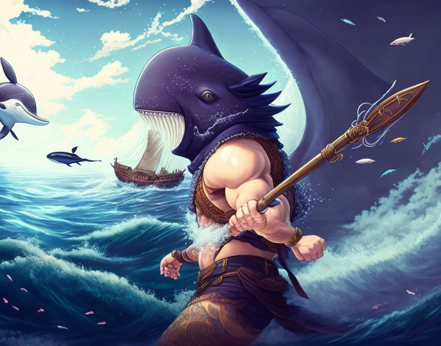 Muscular Shark-Headed Warrior with Spear Emerges from Sea