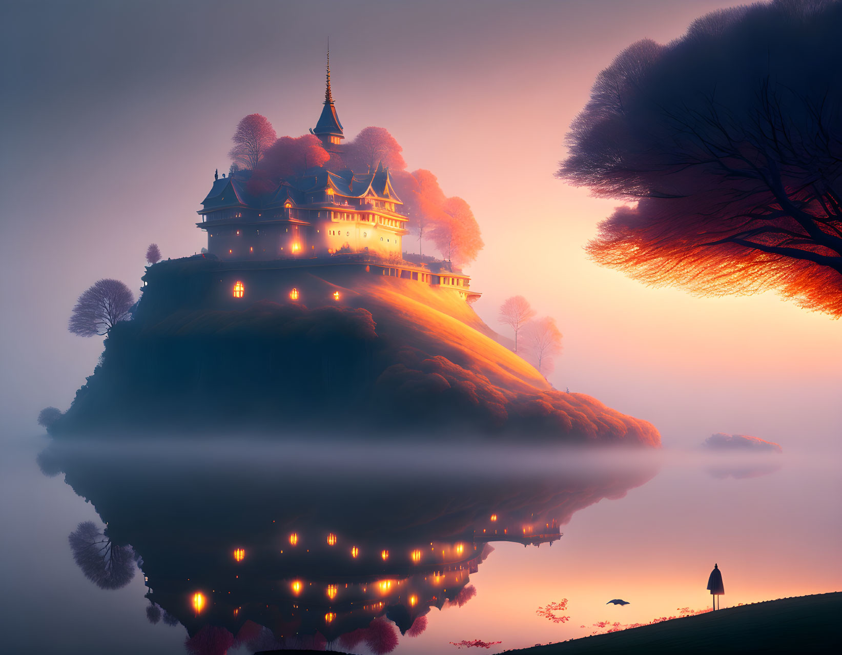 Floating Island with Illuminated Castle at Twilight Reflected in Tranquil Water