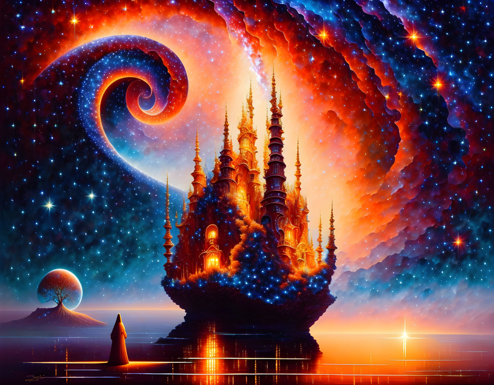 Digital artwork: Robed figure gazes at spiral castle in cosmic setting