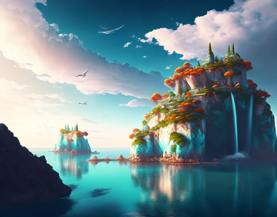 Fantastical landscape with lush floating islands and serene sky