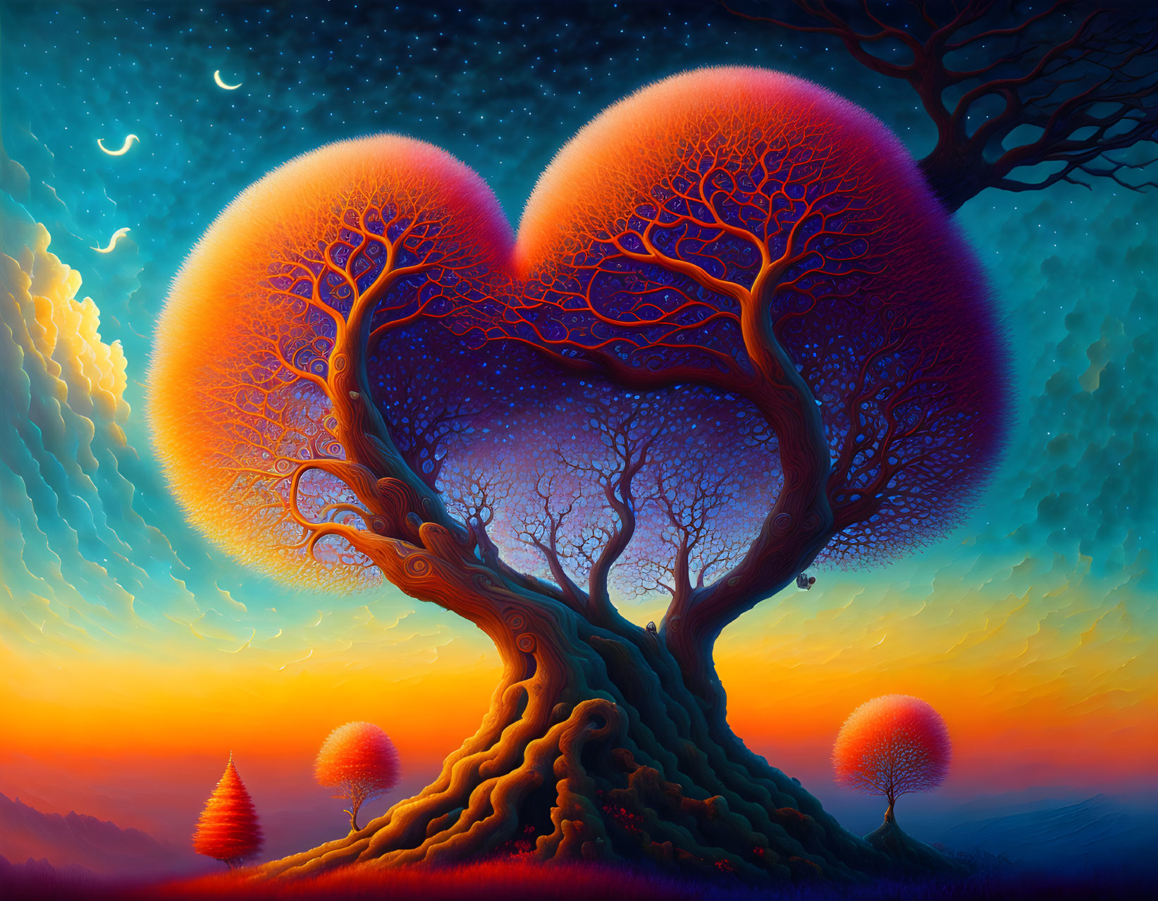 Colorful sunset with intertwined tree branches forming heart shape