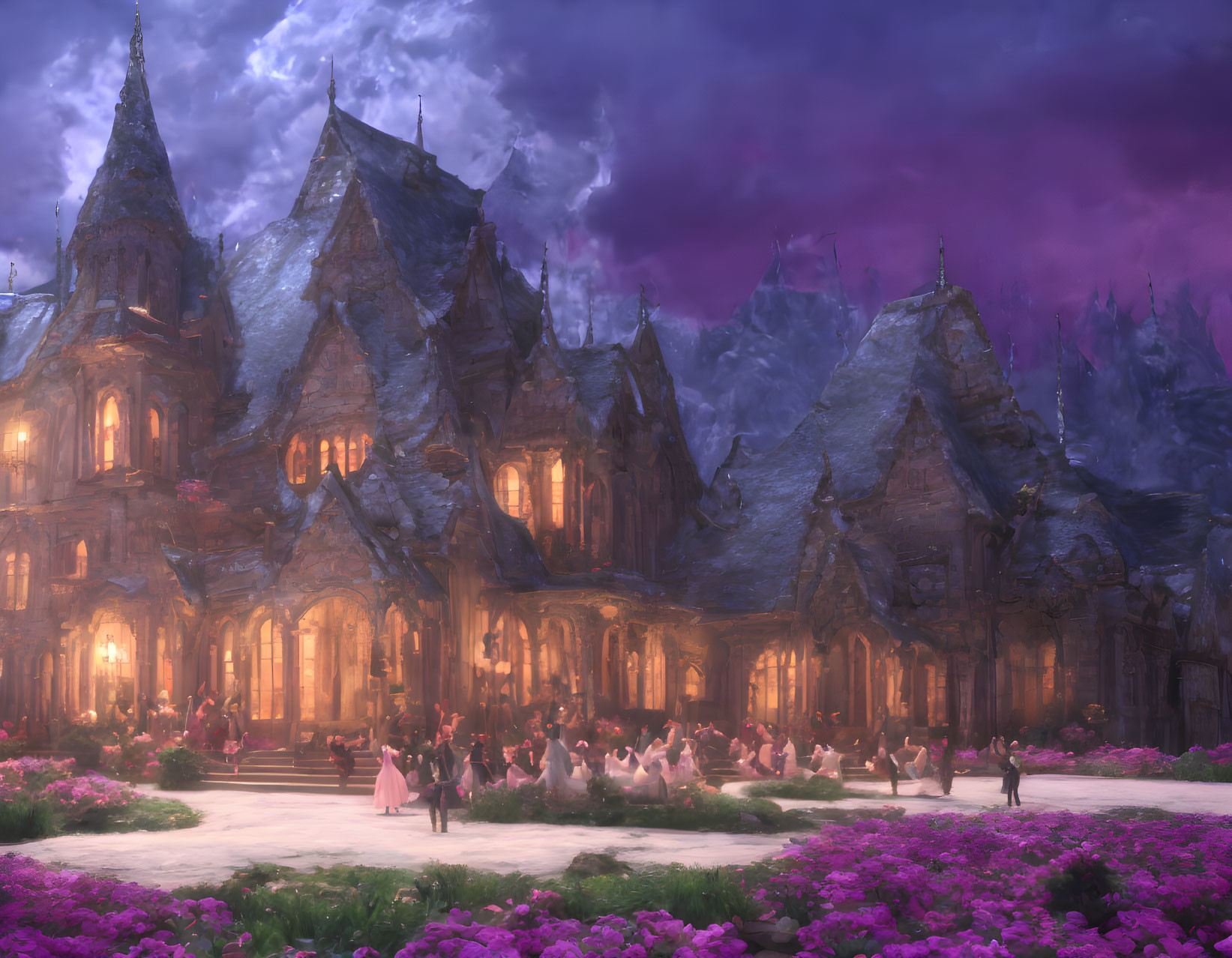 Majestic castle surrounded by purple flowers at twilight