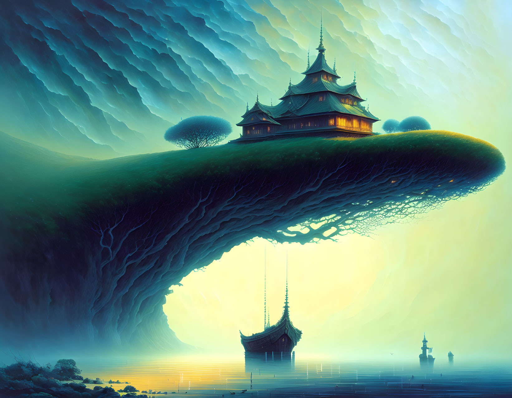 Fantasy landscape with floating pagoda on serene sea island