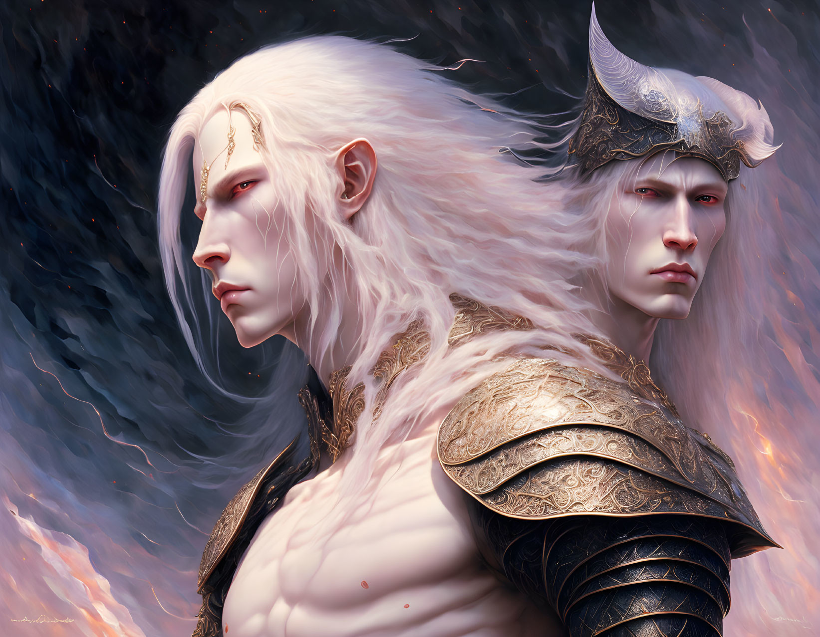 Fantasy characters in golden armor with long white hair in fiery setting