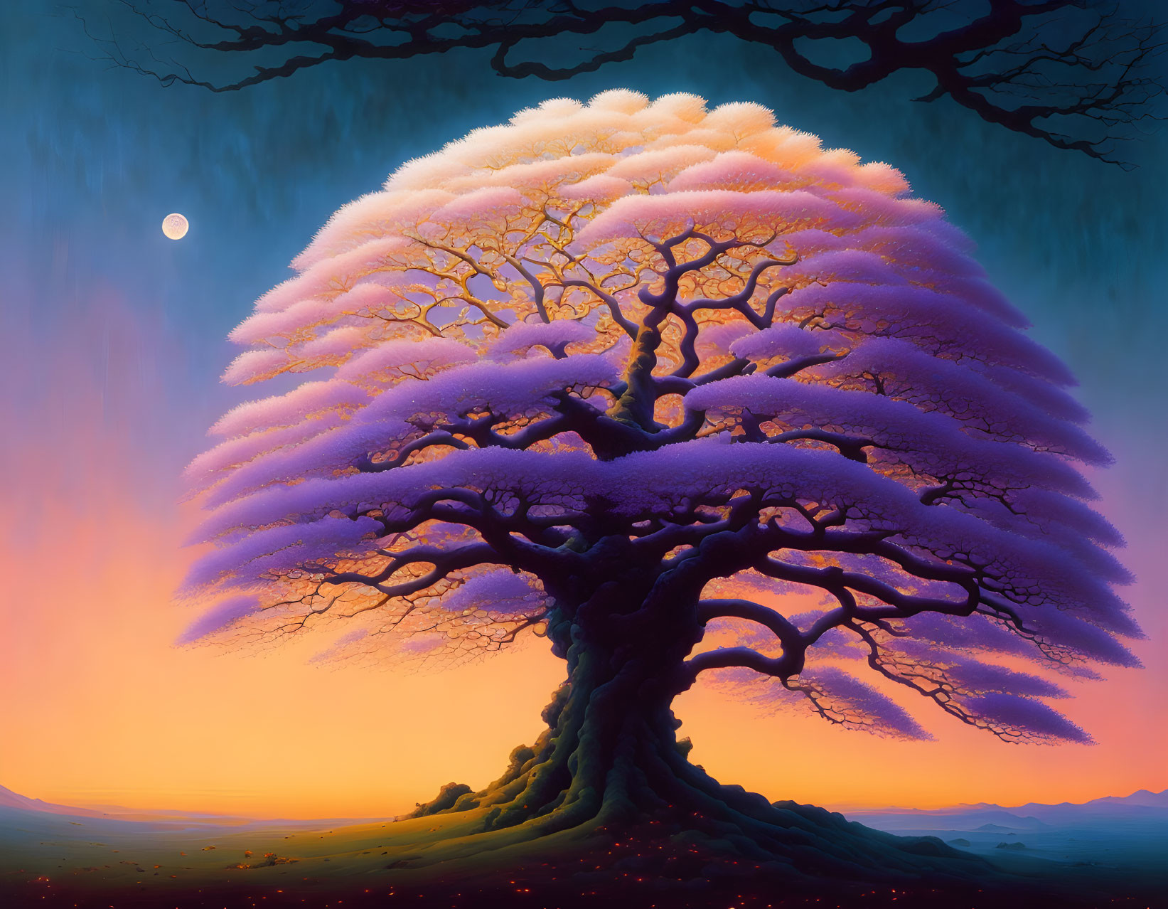 Colorful painting of majestic tree with purple and pink hues under sunset sky.