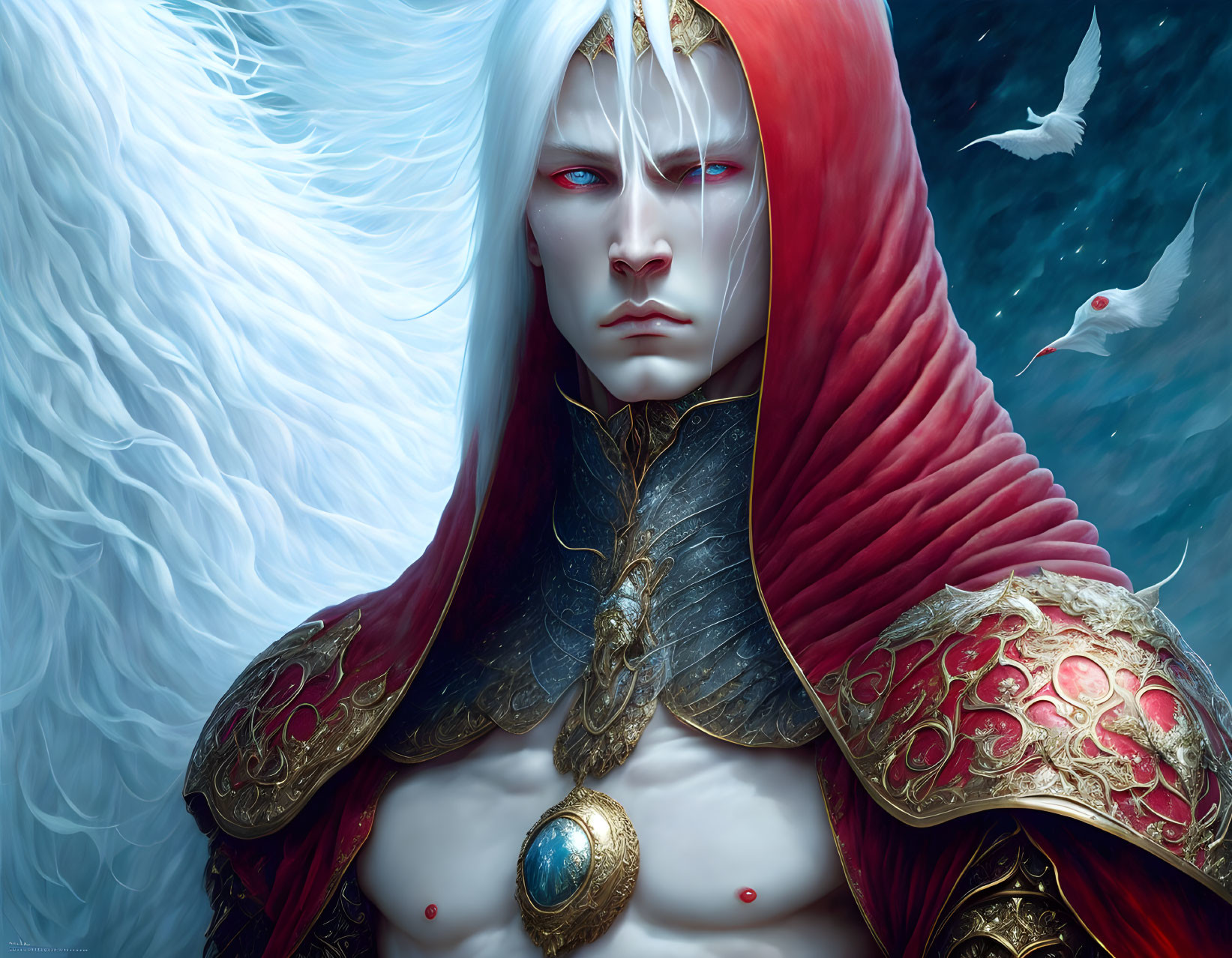 Fantasy portrait of ethereal being with white hair, red cloak, ornate armor, mystical gem