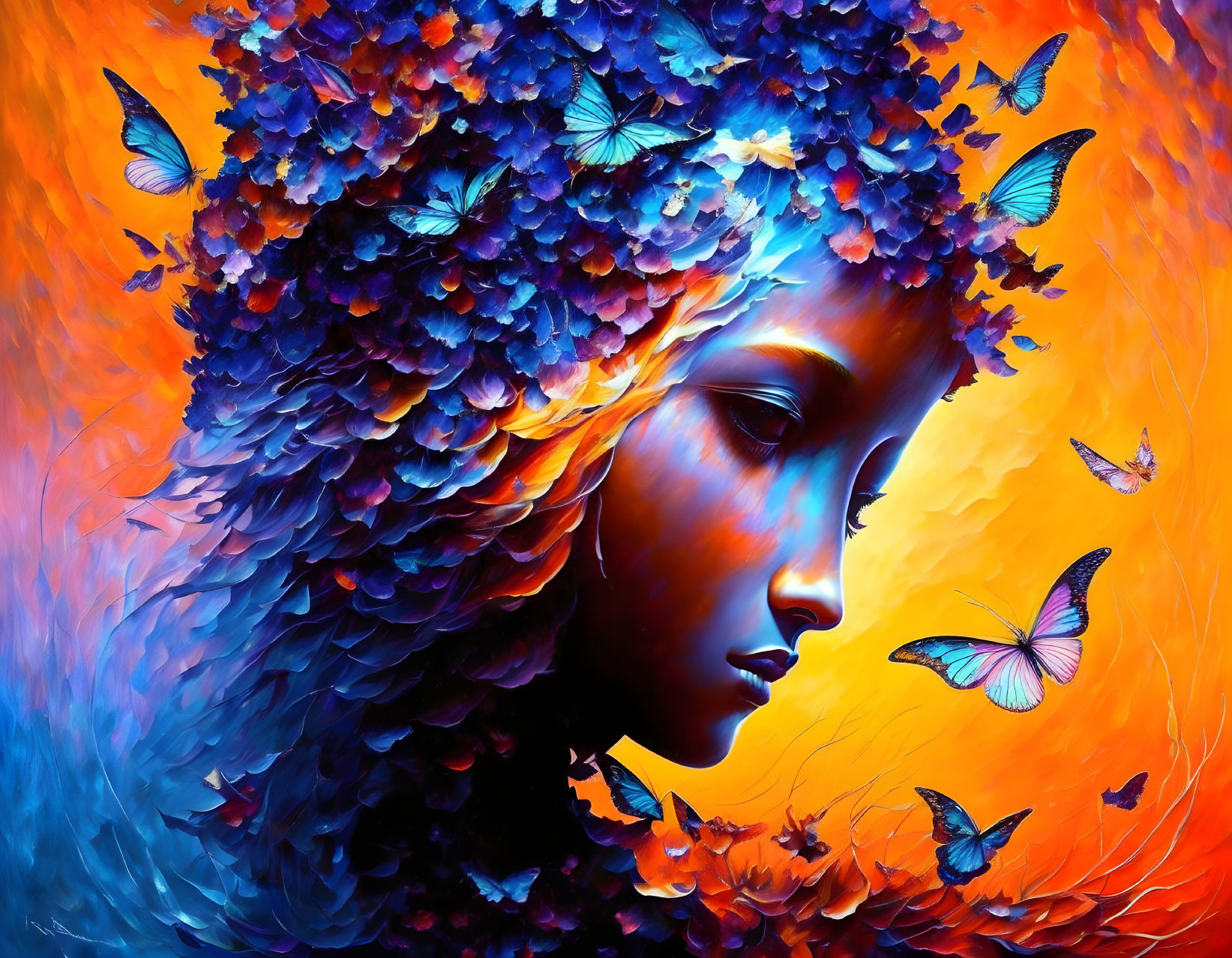 Colorful digital artwork: Woman with floral mane and butterflies on fiery background