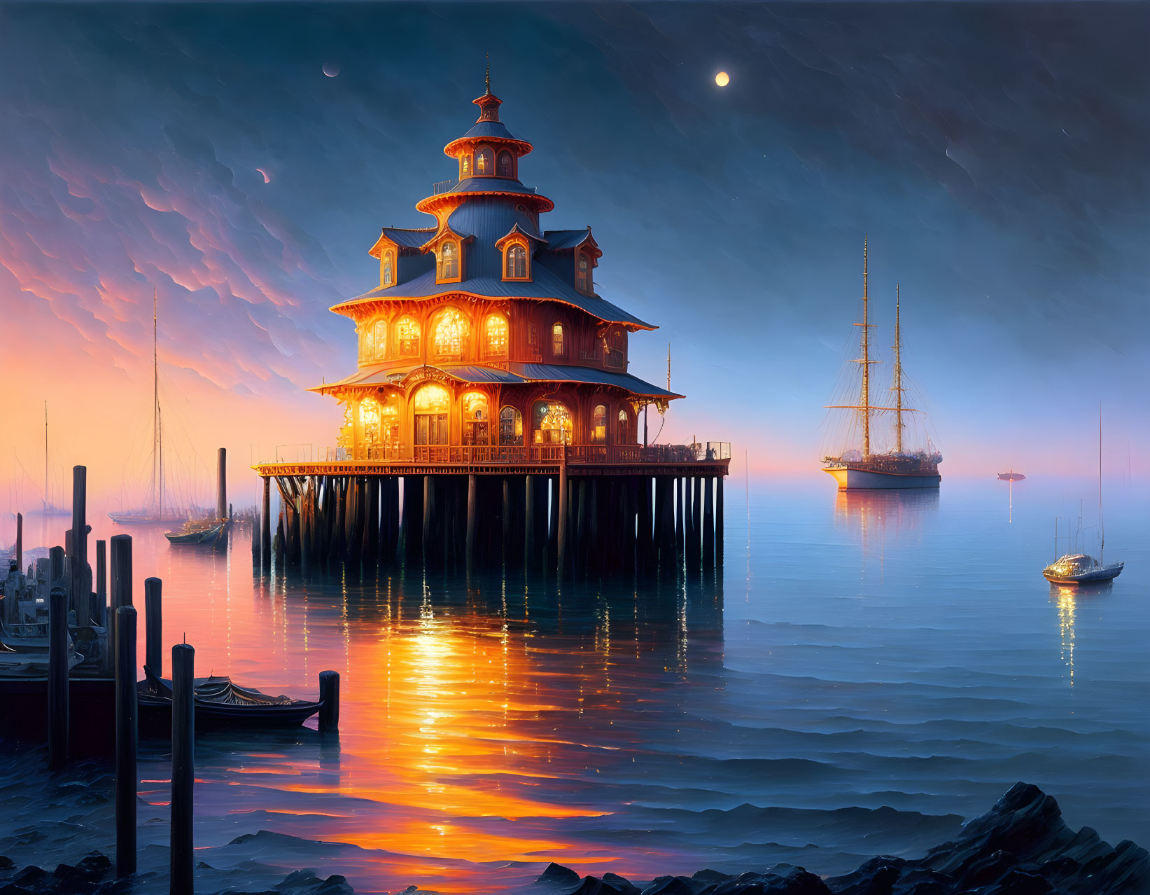 Illuminated Pagoda-Style Building on Pier at Dusk