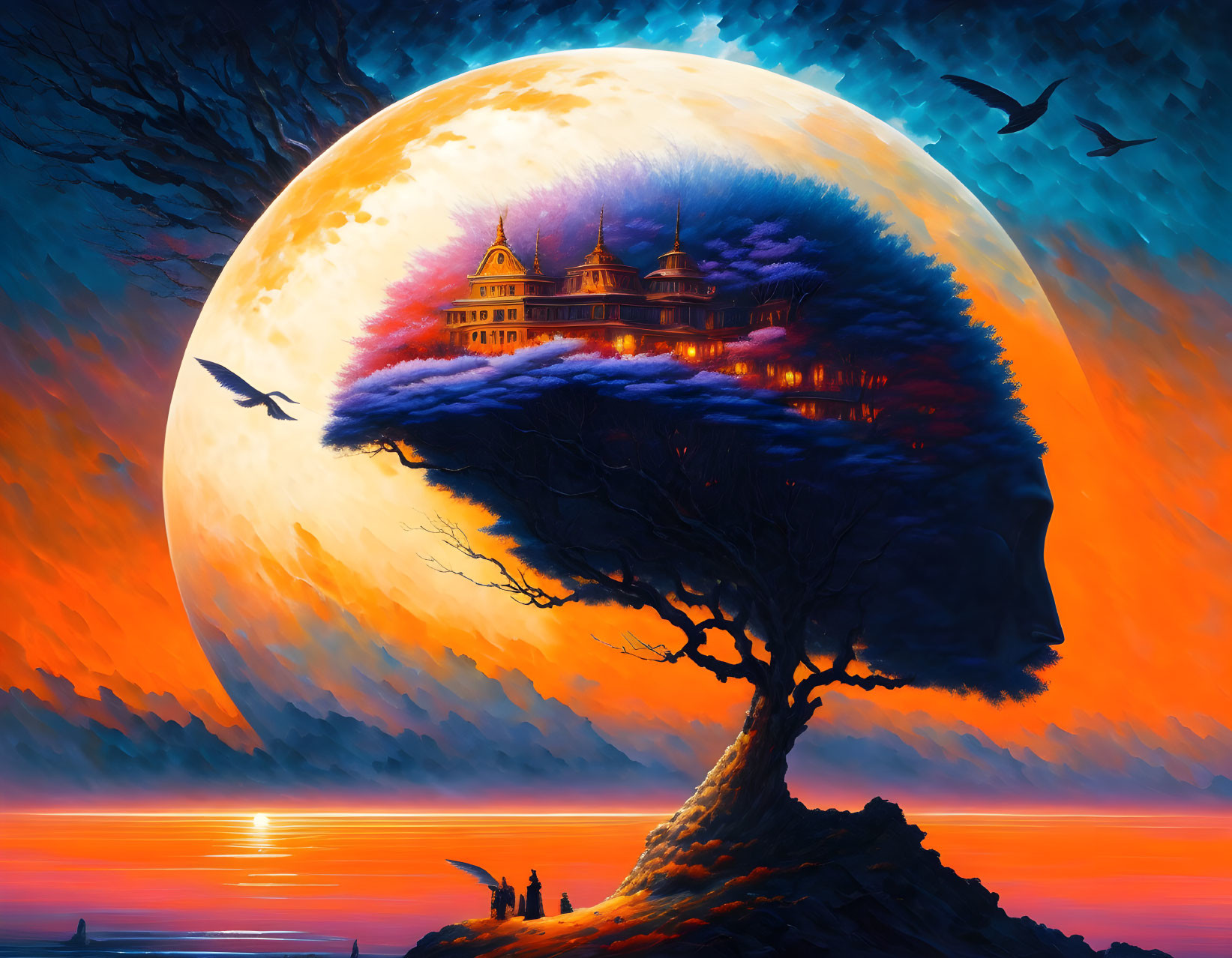 Colorful digital art: solitary tree, ornate building, moon, sea, birds.