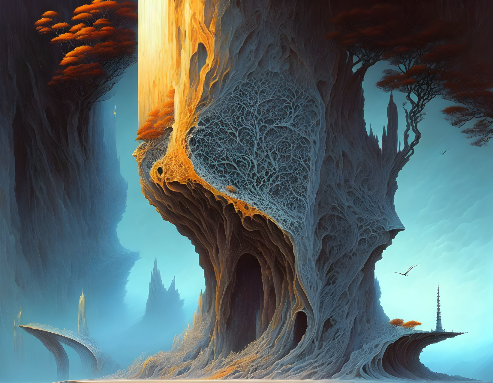 Fantastical landscape with towering tree-like structures and warm glowing light