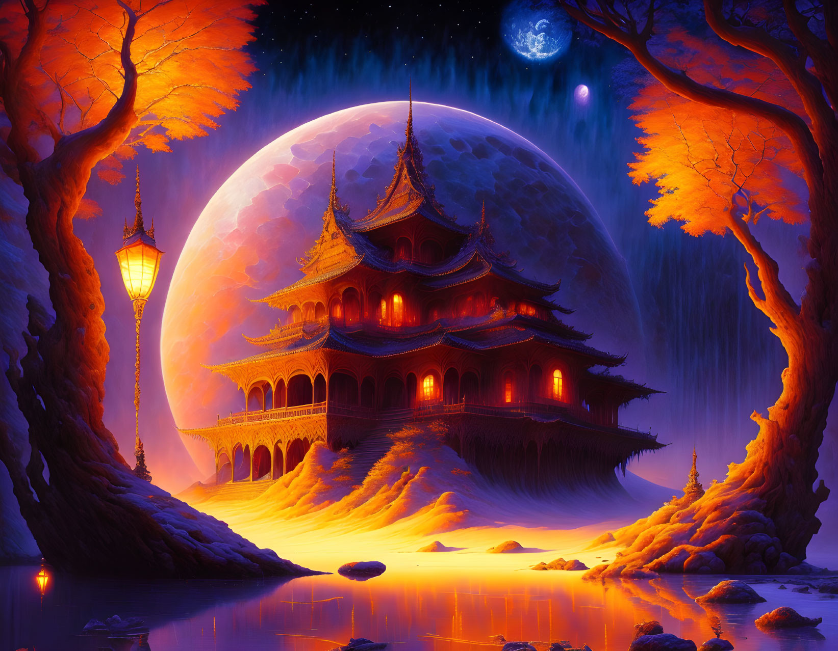 Asian-style temple under giant moon with water, orange trees, and glowing lantern