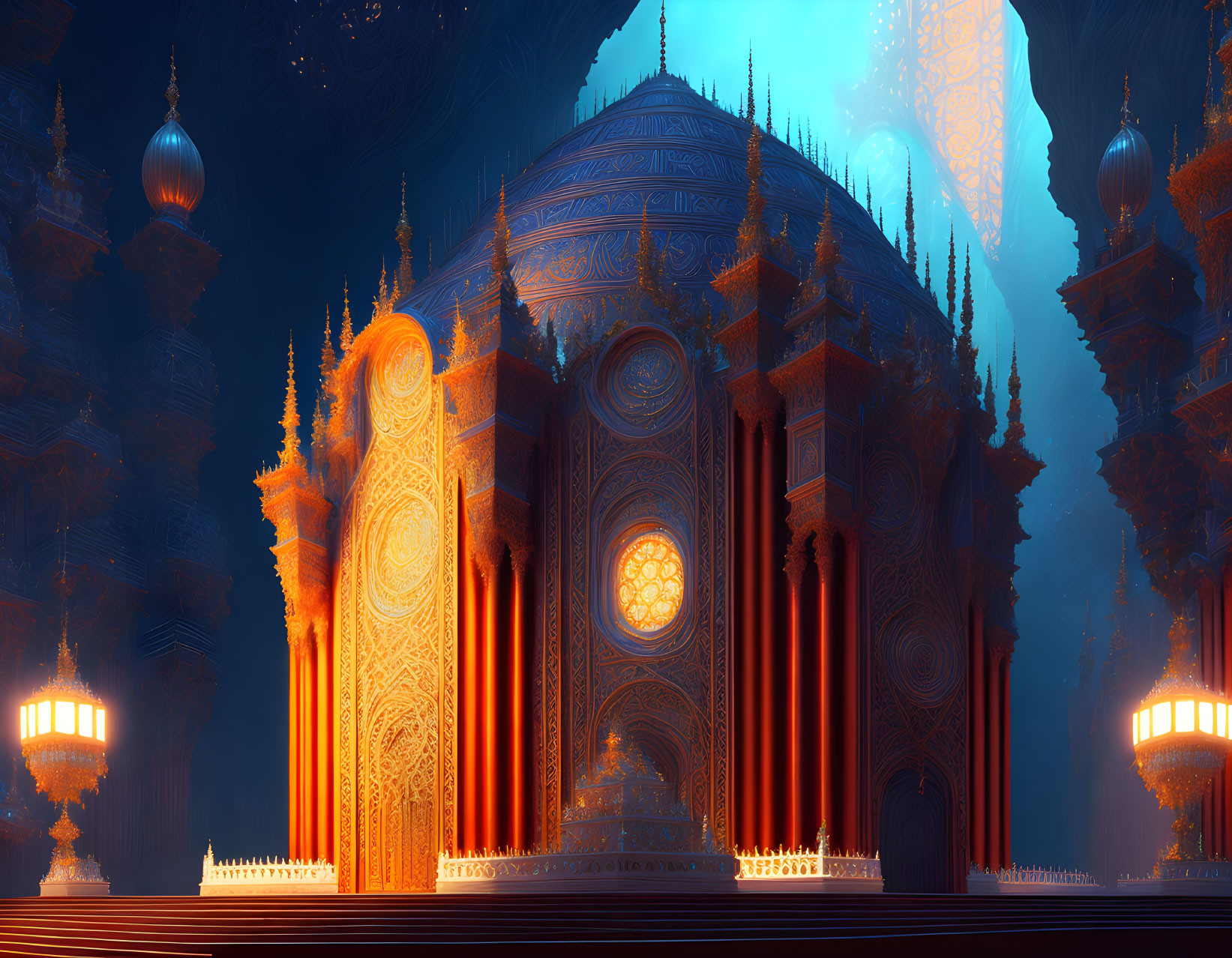 Intricate Fantasy Temple with Towering Structures at Twilight