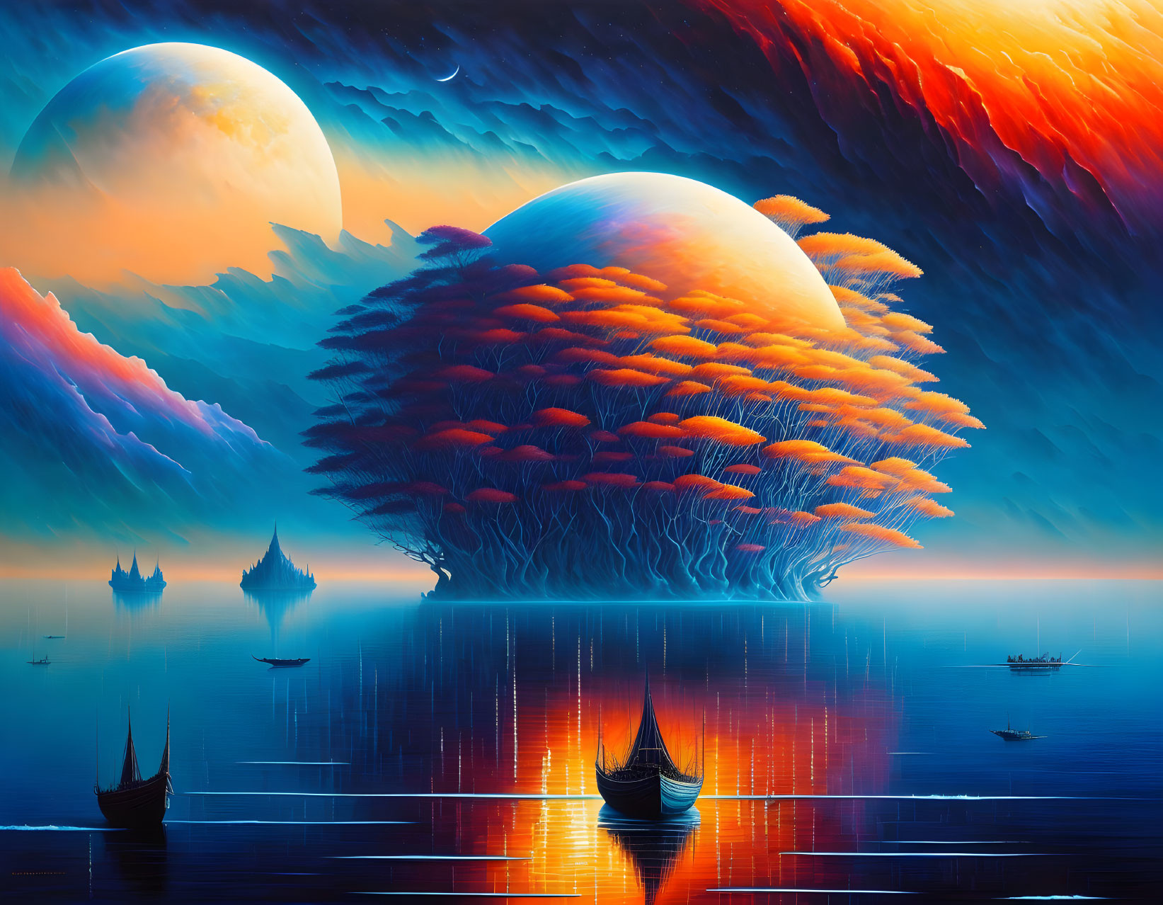 Surreal landscape with orange trees, moons, ships, fiery sky