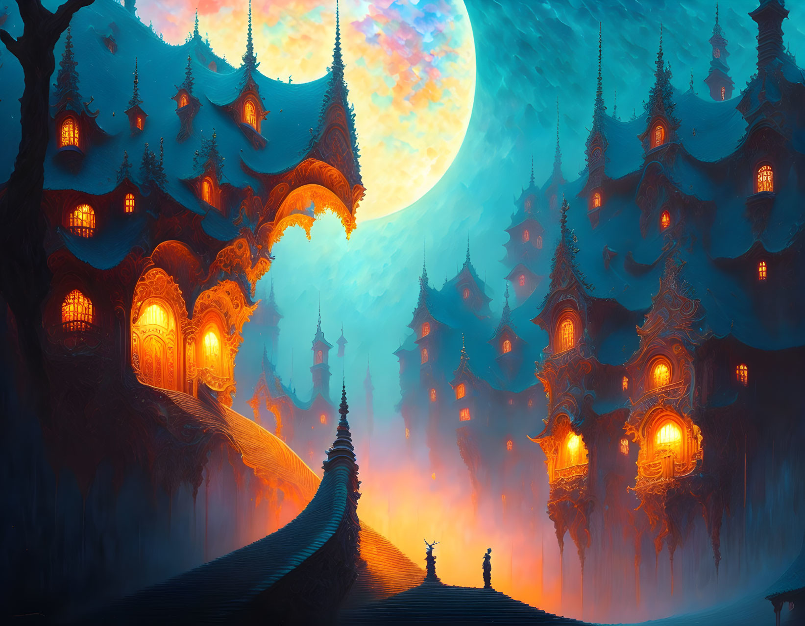 Fantastical illuminated buildings in moonlit landscape