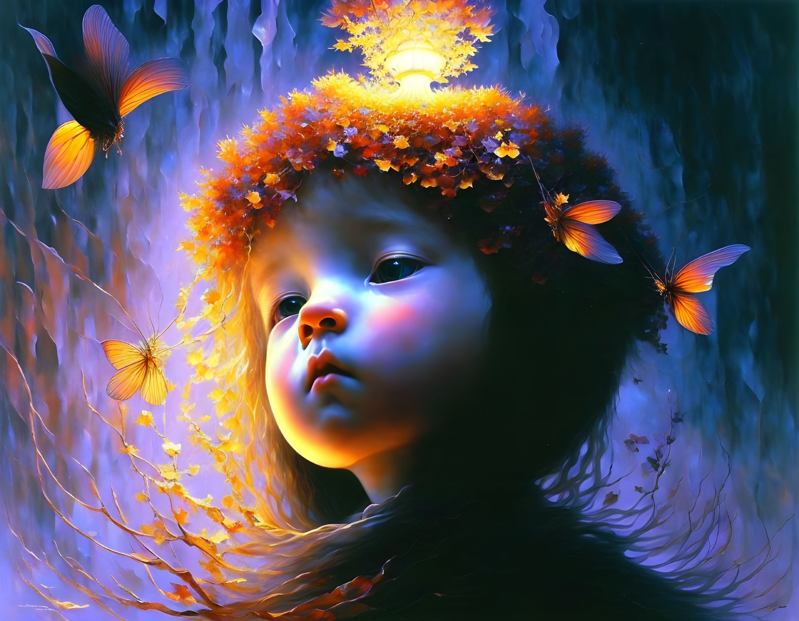 Child with Flower Crown Surrounded by Butterflies on Blue Background