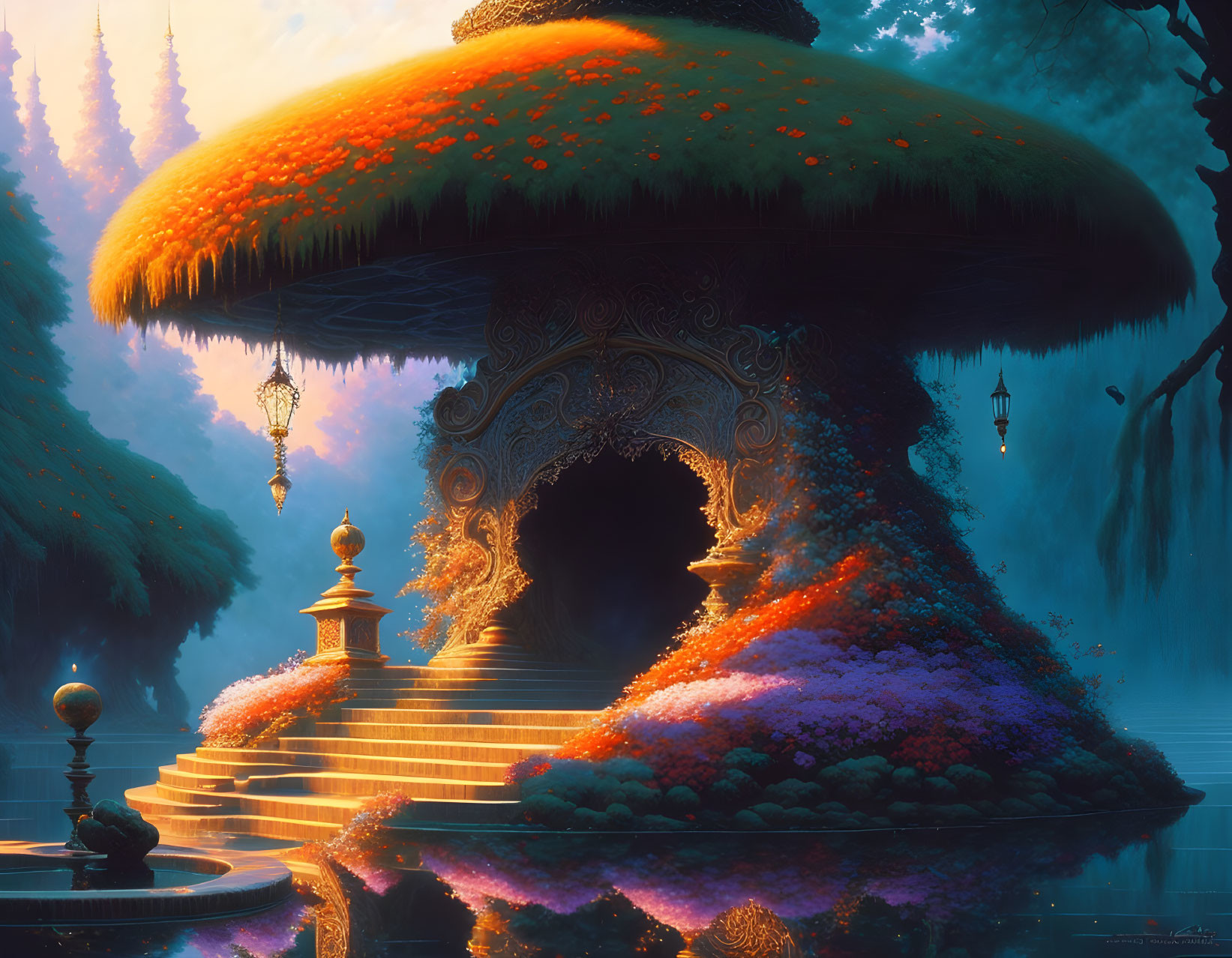 Giant mushroom staircase in mystical forest setting