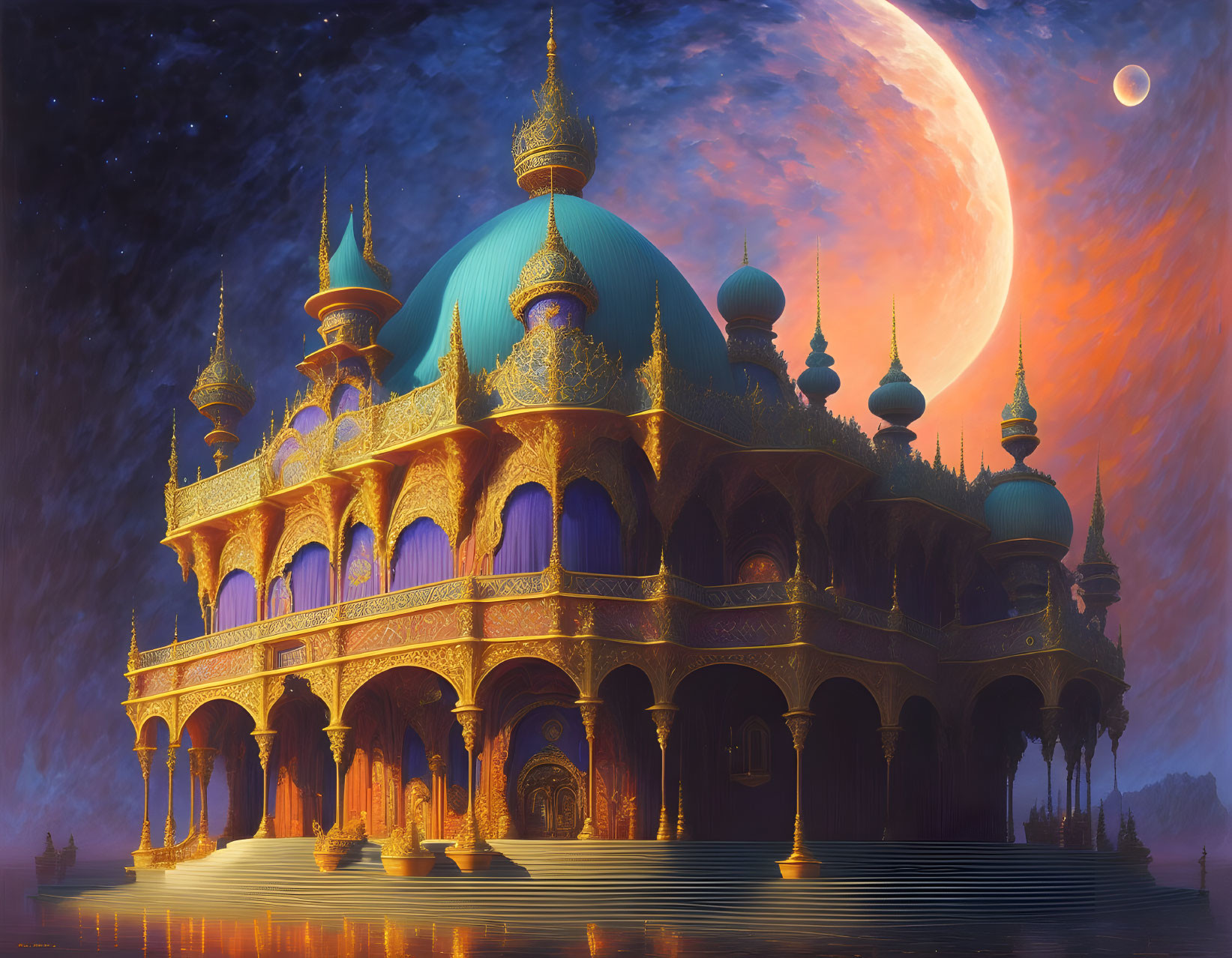 Luxurious palace with golden details and blue domes under twilight sky.