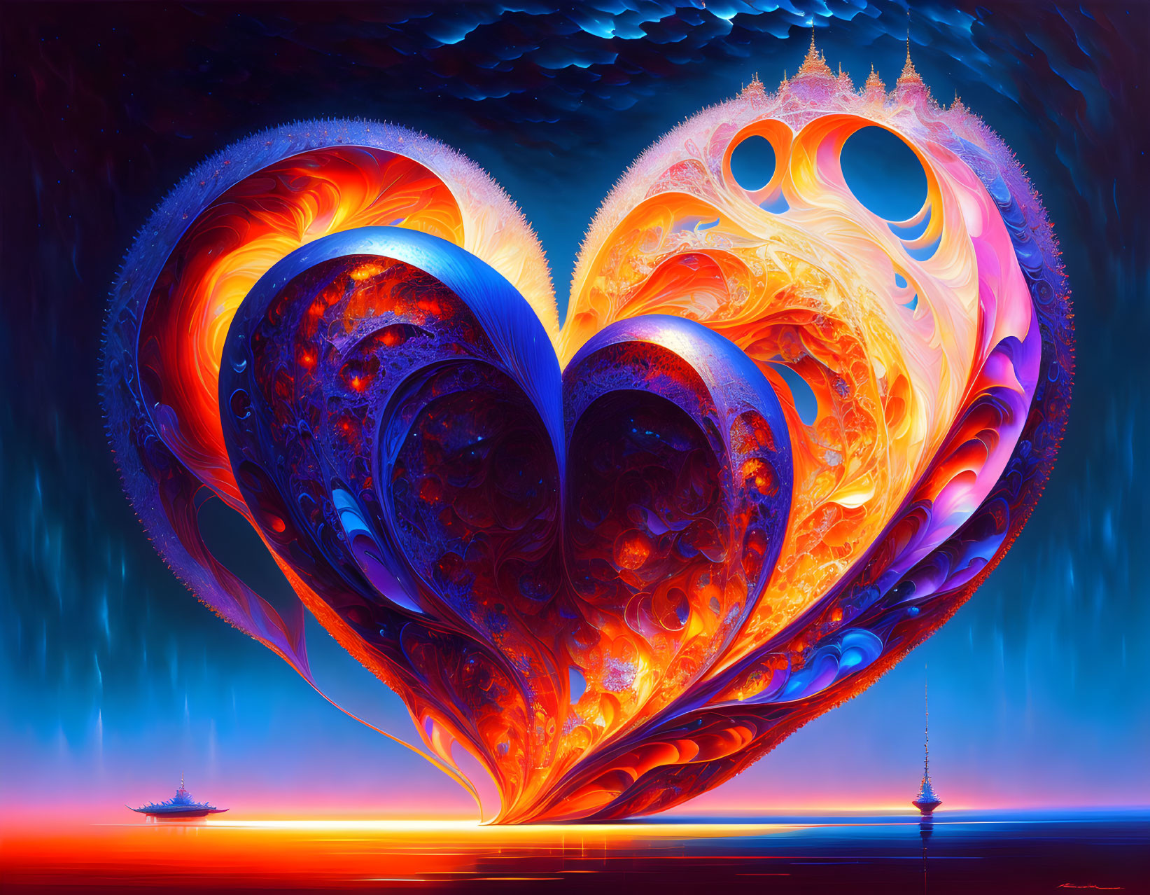 Abstract fiery heart digital artwork on cool blue seascape background