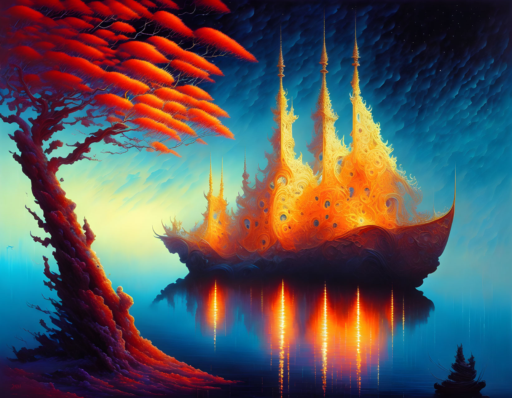 Surreal artwork: fiery ship on tranquil lake with red-leafed tree