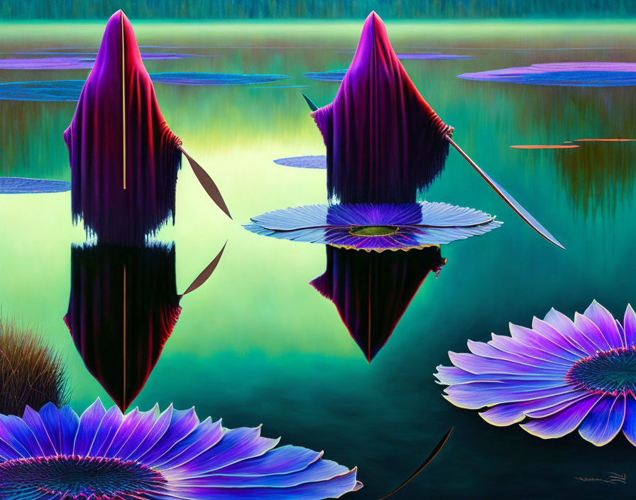 Colorful digital artwork of surreal water lilies and boat-like petals with mysterious figures reflected on serene water