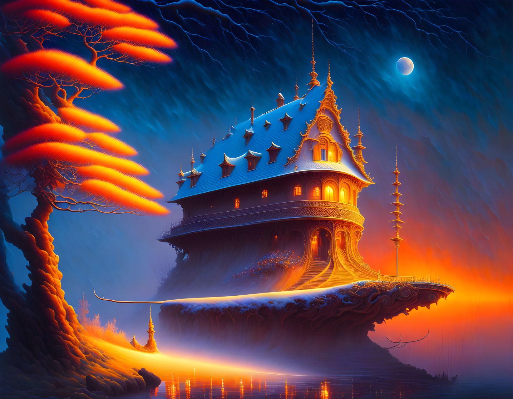 Floating temple at night with illuminated windows under moonlit sky near fiery red tree reflected in water.