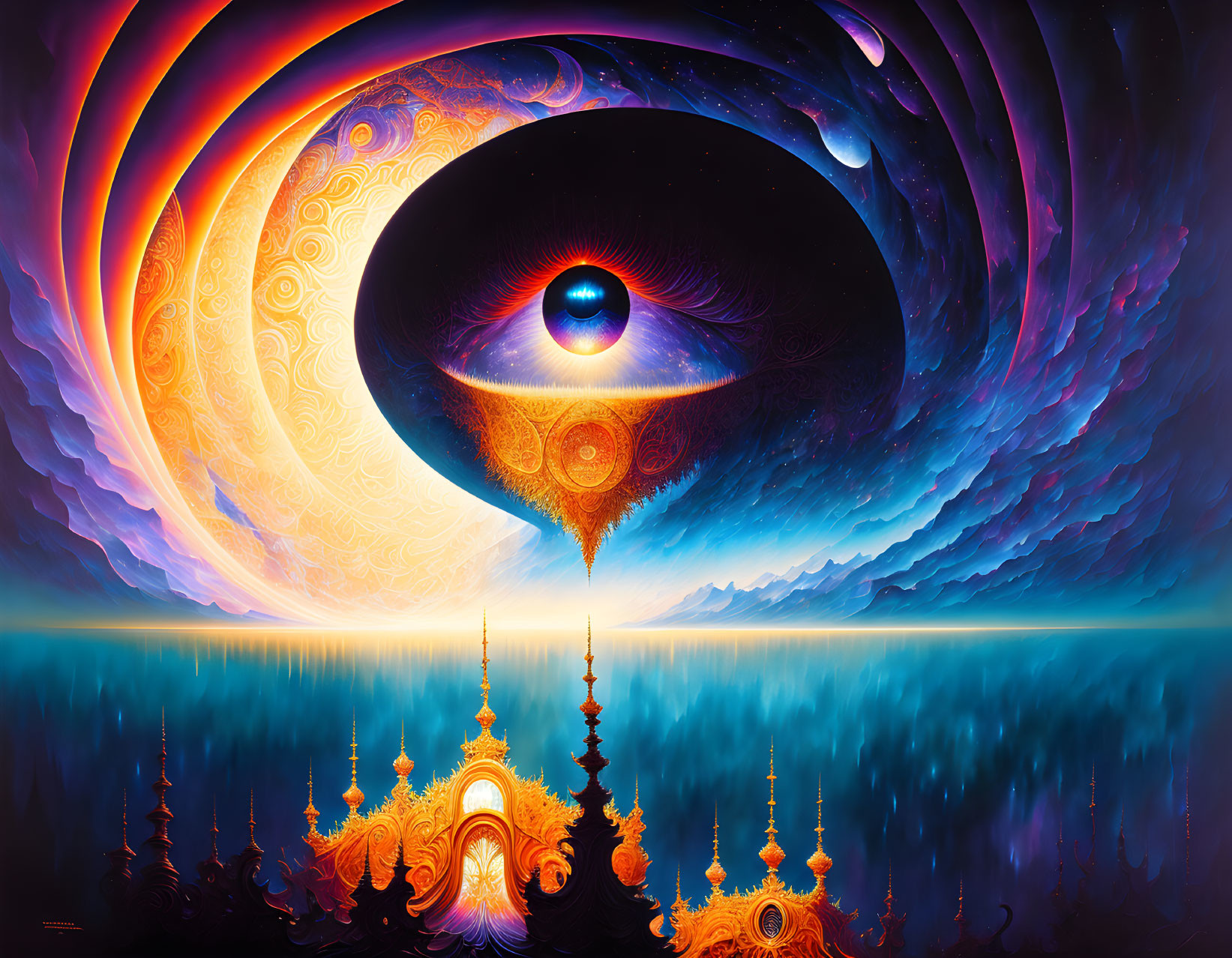 Fantastical landscape with ornate spires and luminous eye in swirling cosmic colors