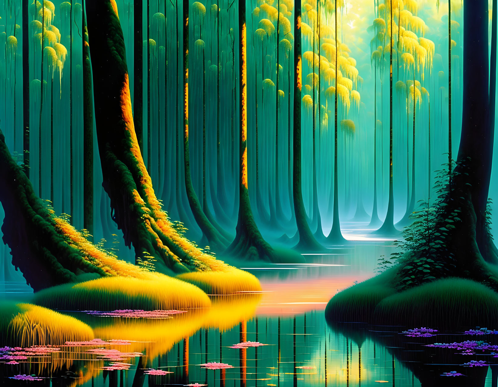 Surreal forest with tall trees, glowing moss, mirror river & ethereal lighting