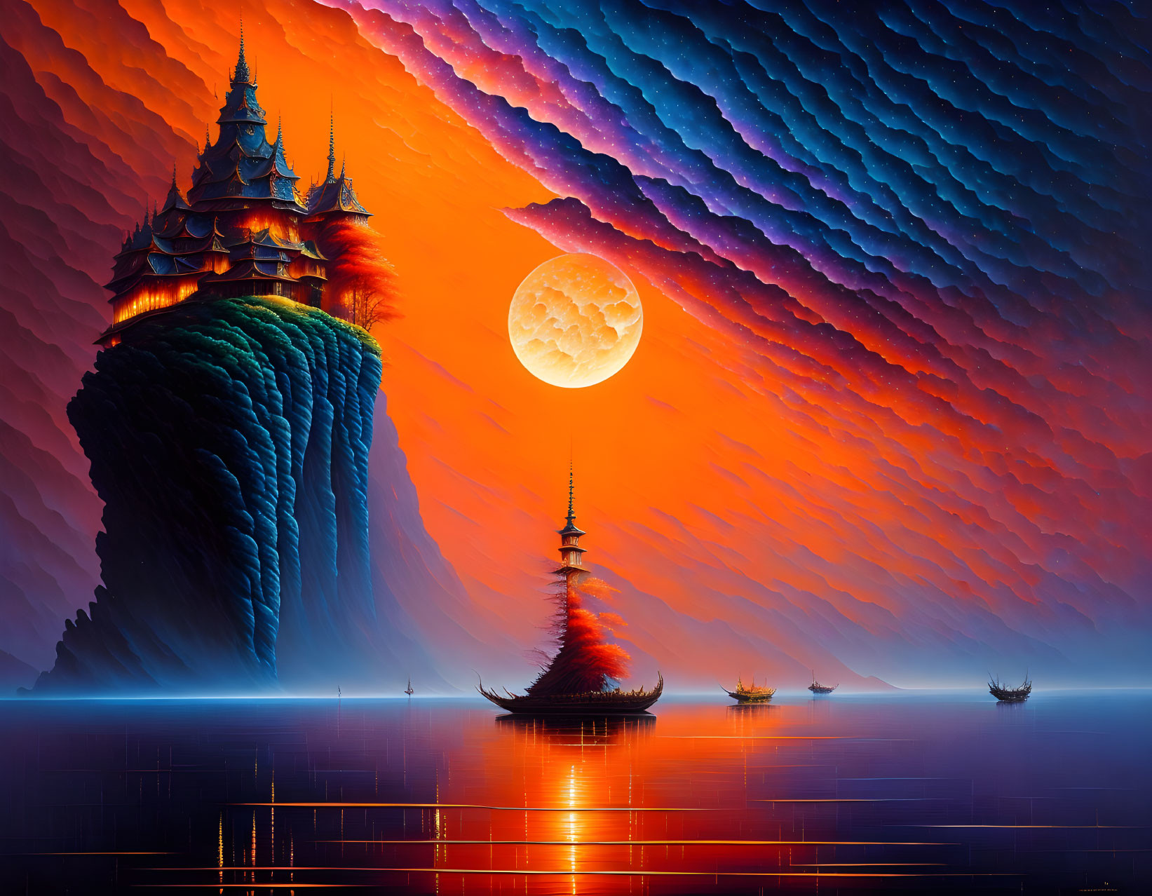 Digital artwork of temple on cliff under dynamic sky with full moon and boats on orange water.