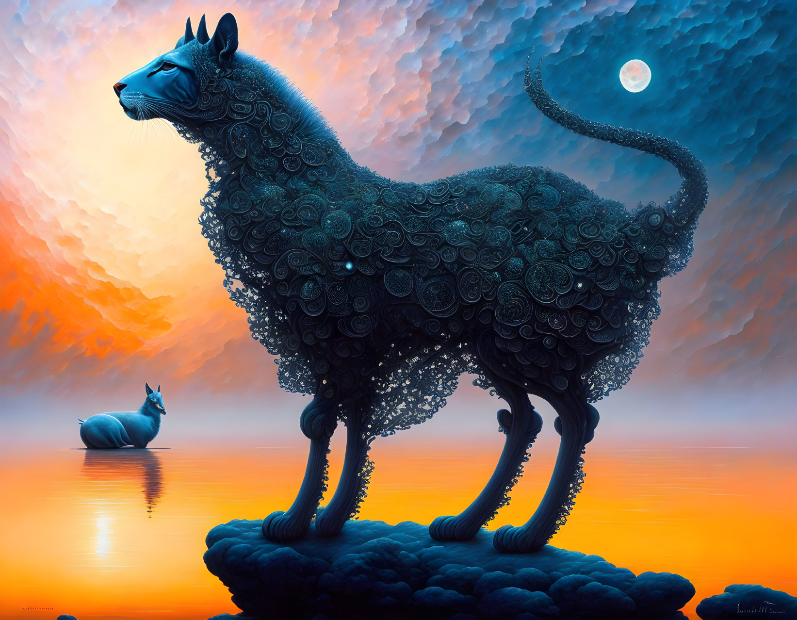 Stylized image of two patterned cats on vivid sky with clouds