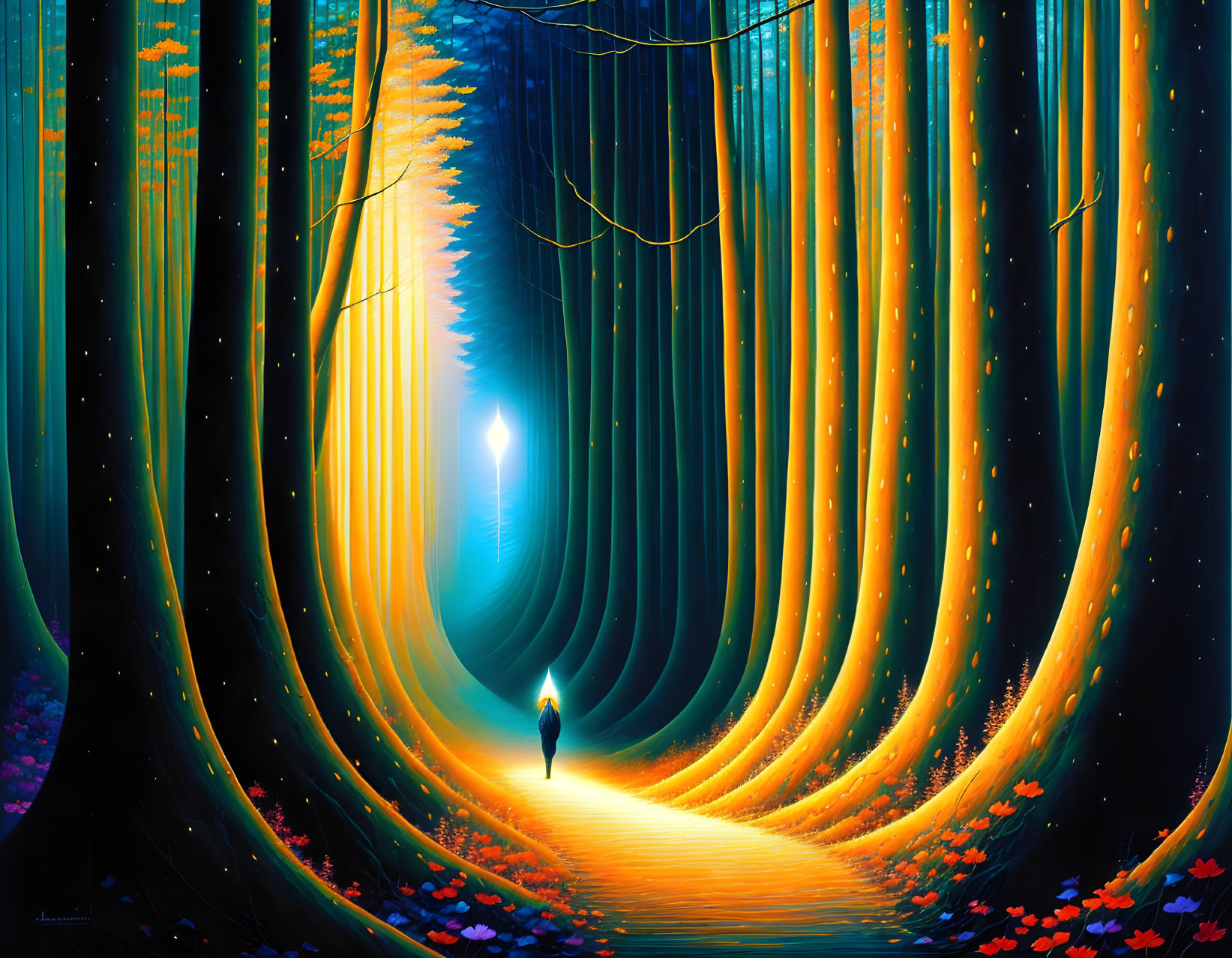 Enchanted forest scene with glowing trees and magical light