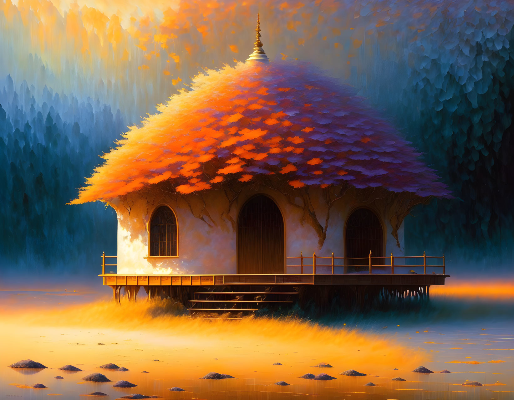 Tranquil autumn scene: small house with vibrant orange leafy roof on serene lake at sunset