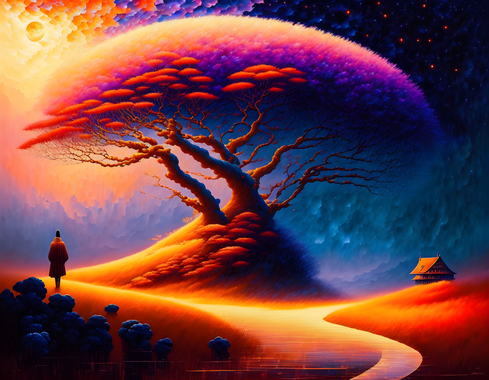 Surreal image of person by fiery tree and pagoda