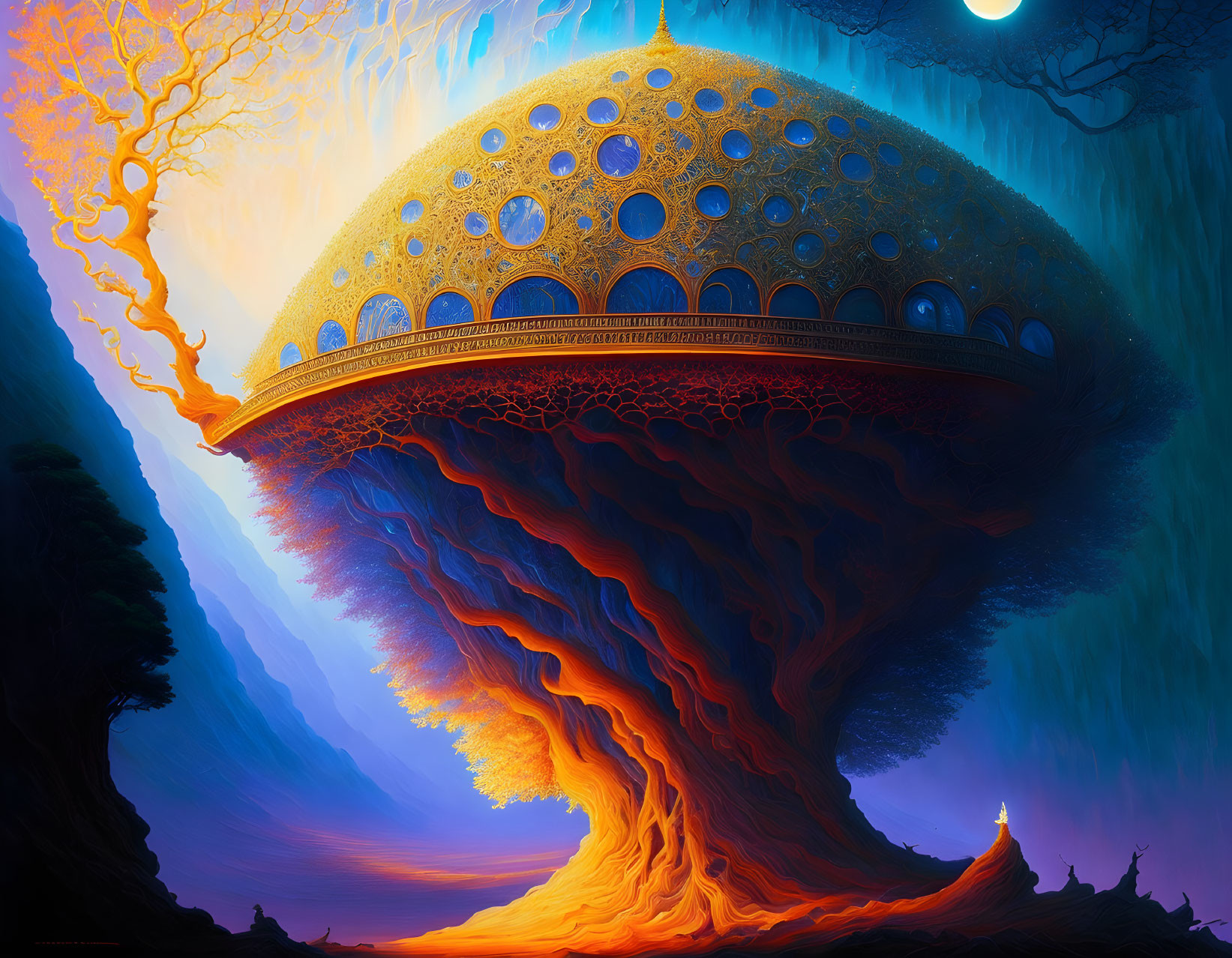 Colossal glowing tree in fantastical twilight landscape