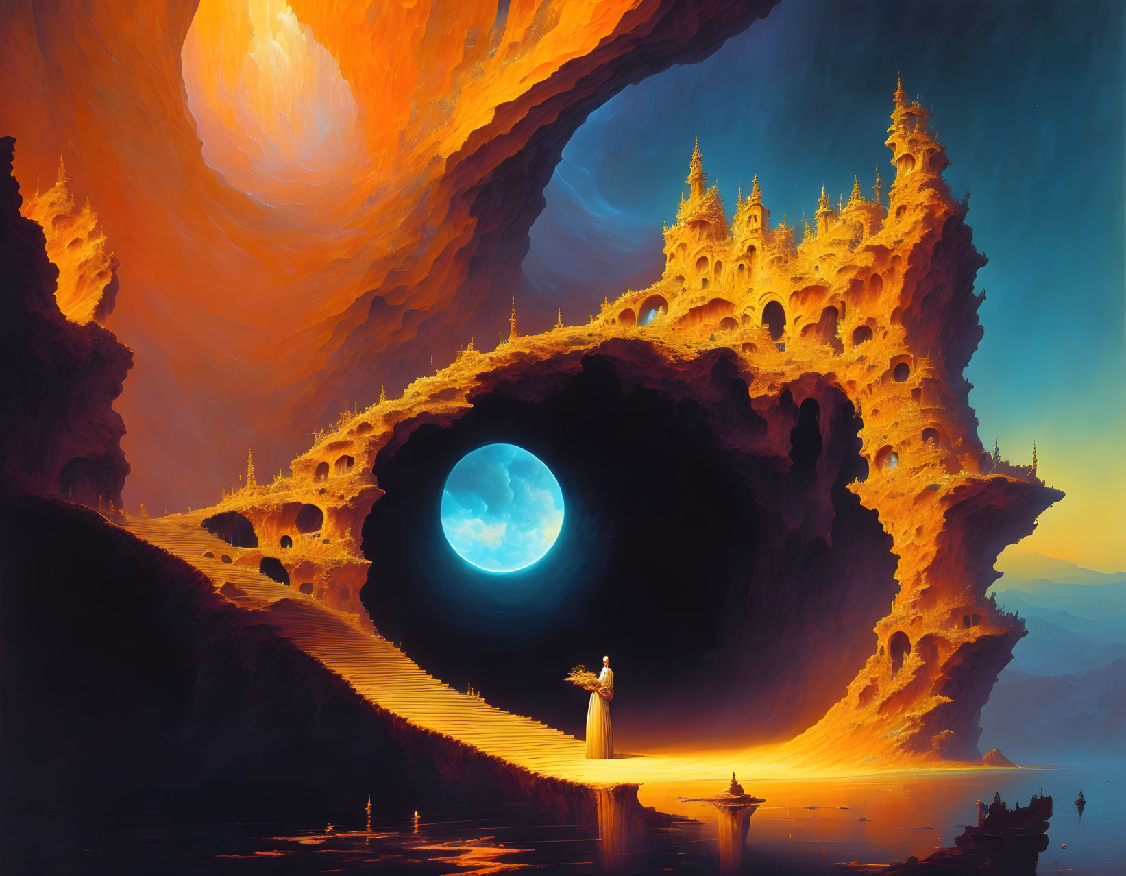 Person standing before blue moon in cave with glowing cliffs and castles