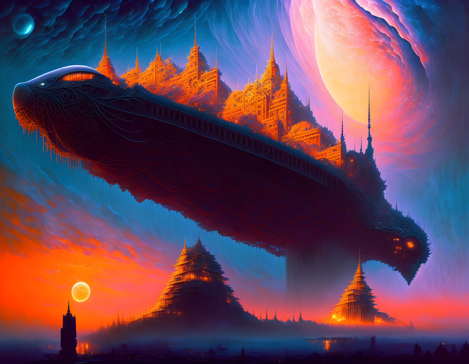 Whale-shaped spacecraft soars over alien cityscape