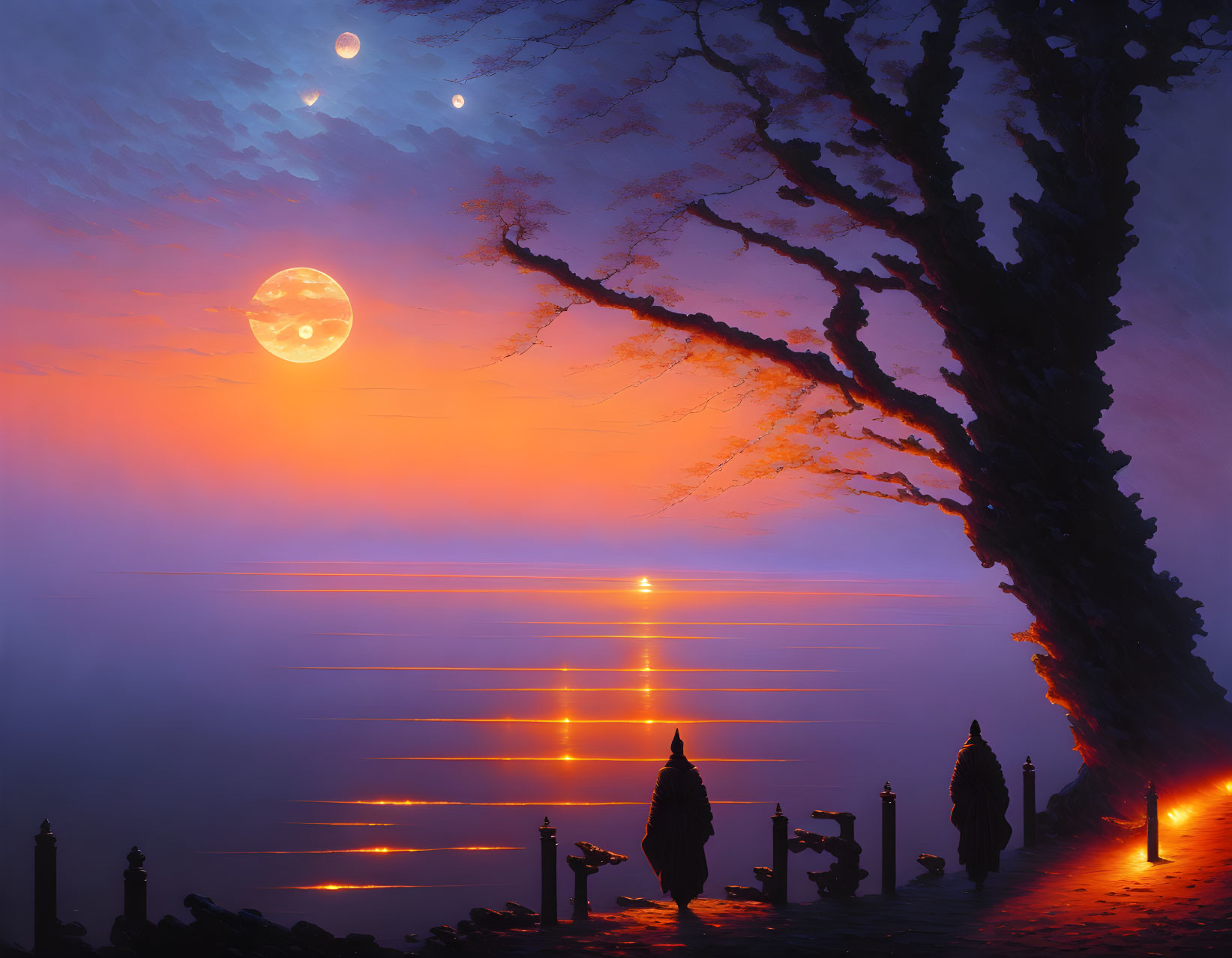 Surreal landscape with large tree, dual moons, misty sky, and calm water