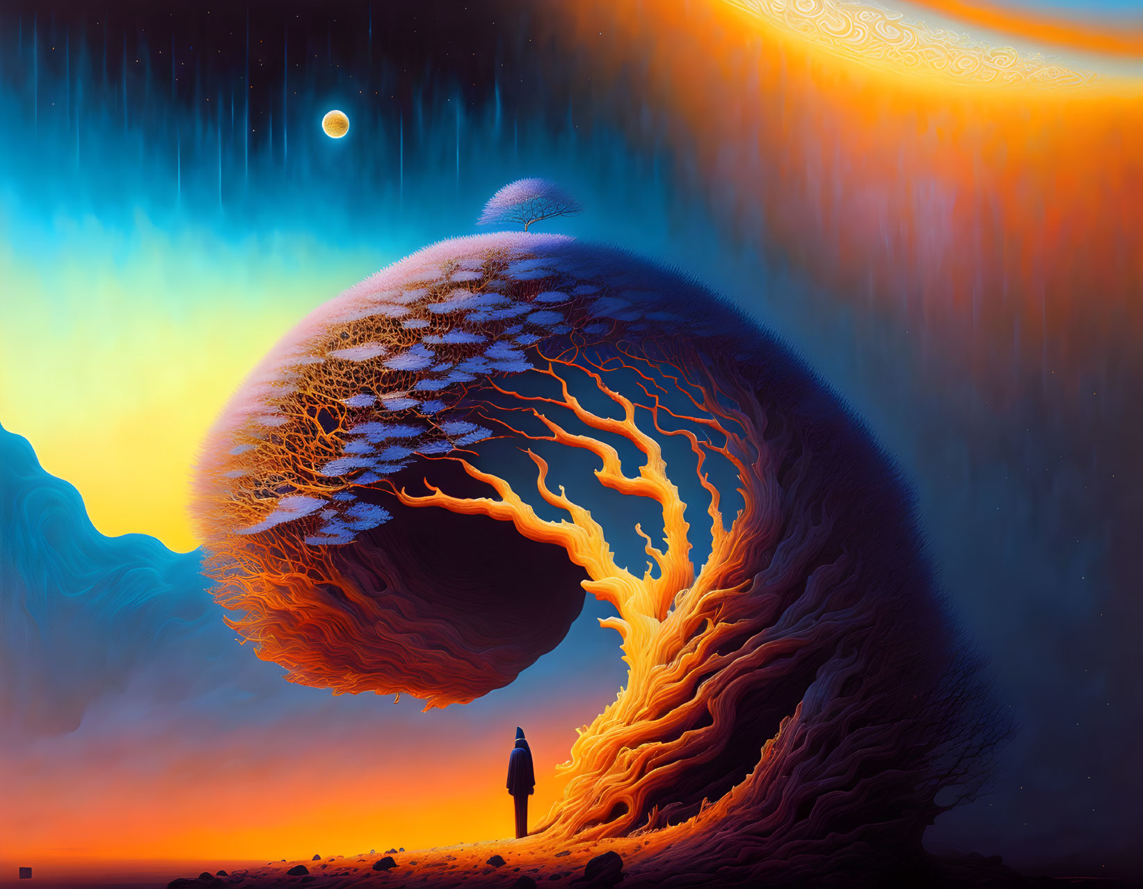 Surreal landscape with fiery wave and two moons