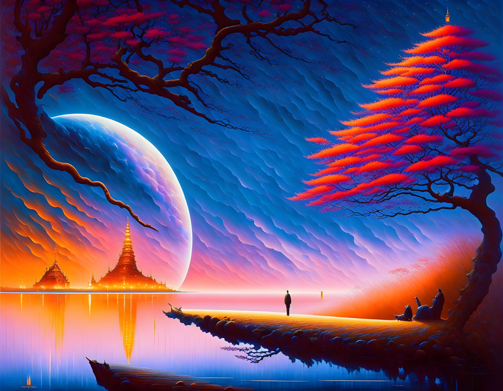 Digital art: Person by lake, red trees, temple, crescent moon, twilight sky