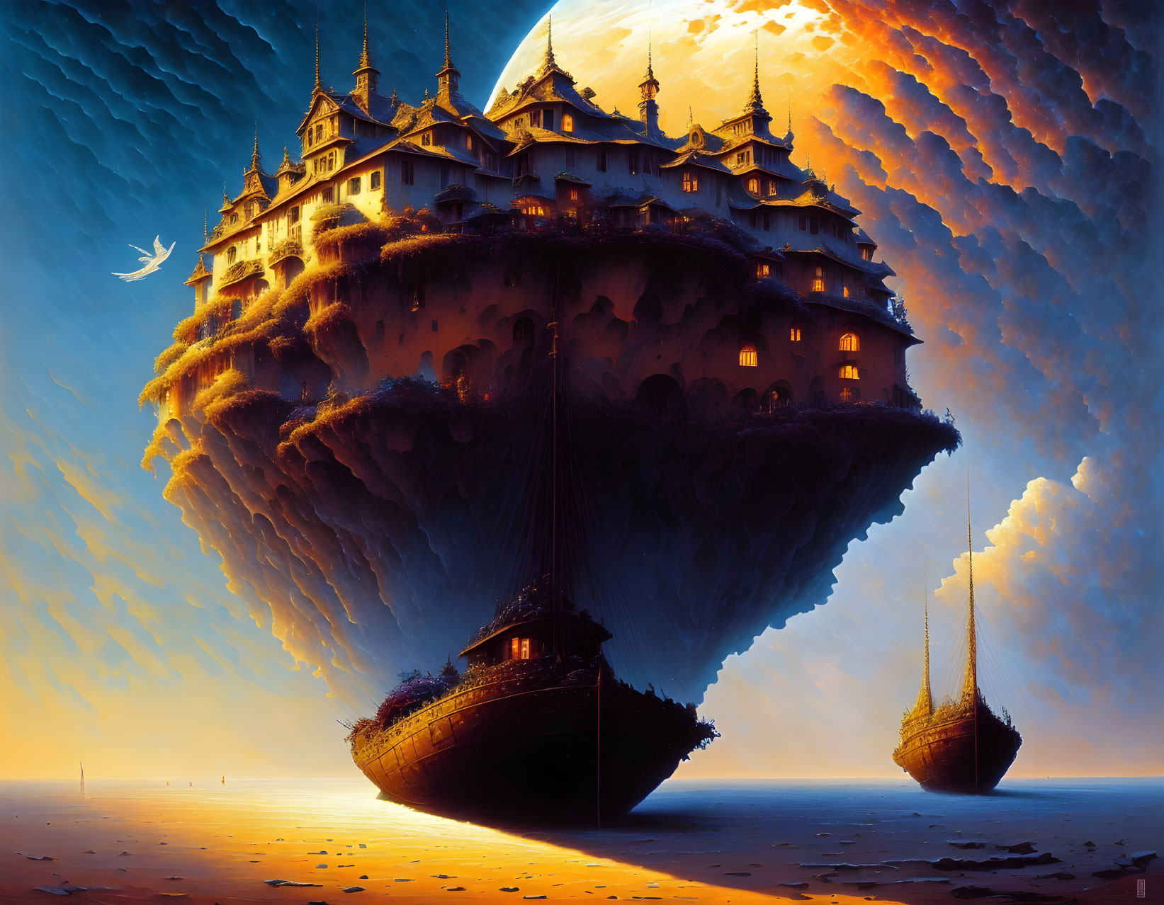 Floating island with castle and flying ships against sunset sky