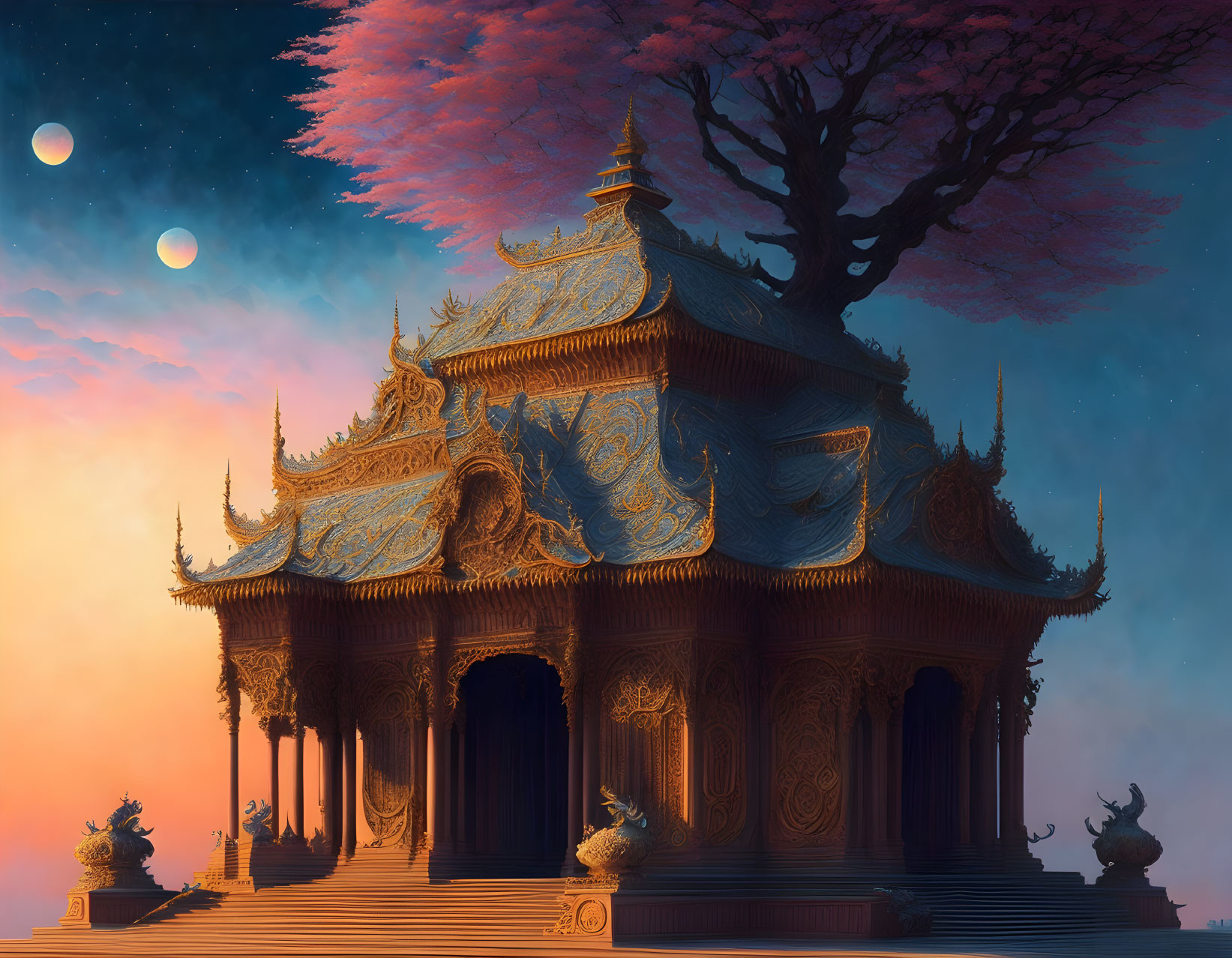 Ornate temple with cherry blossom tree, statues, and two moons at sunset