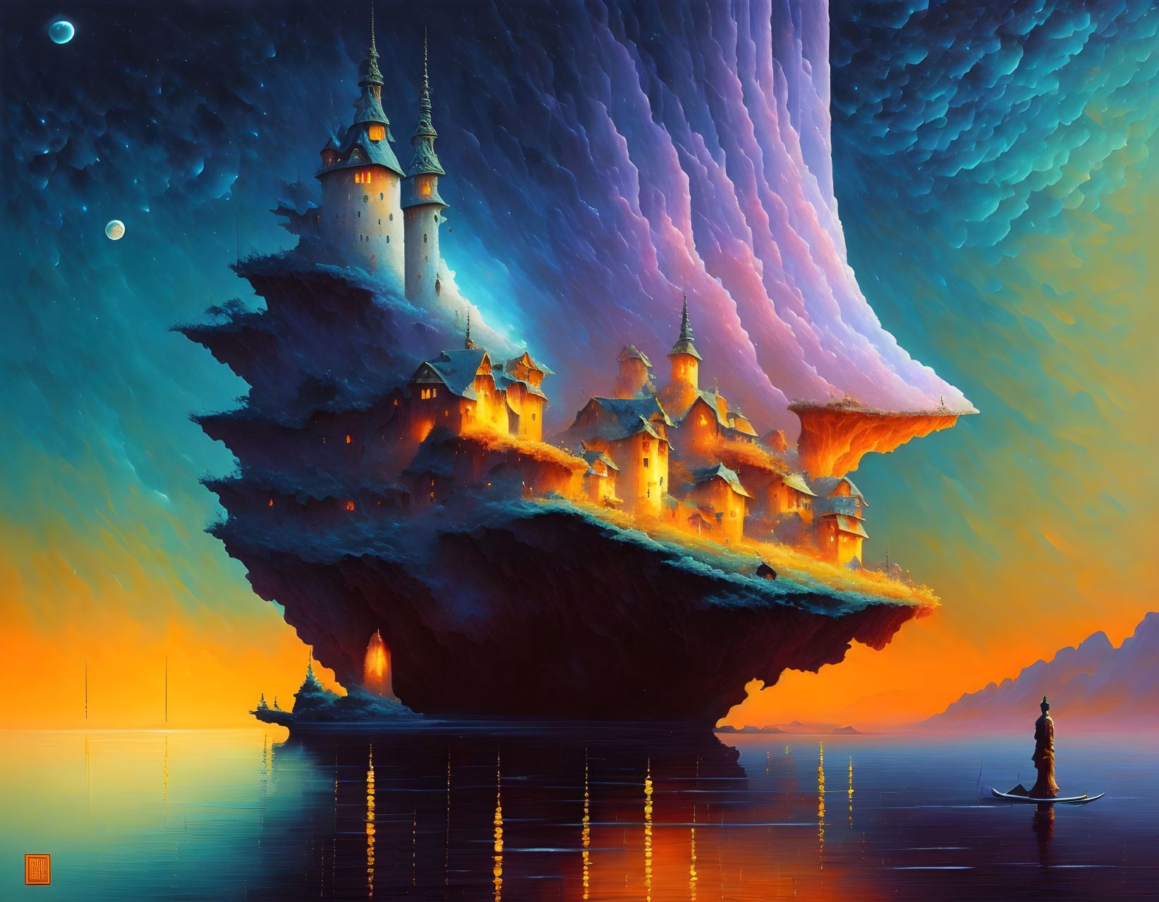 Floating Island with Illuminated Castle-Like Buildings in Twilight Sky