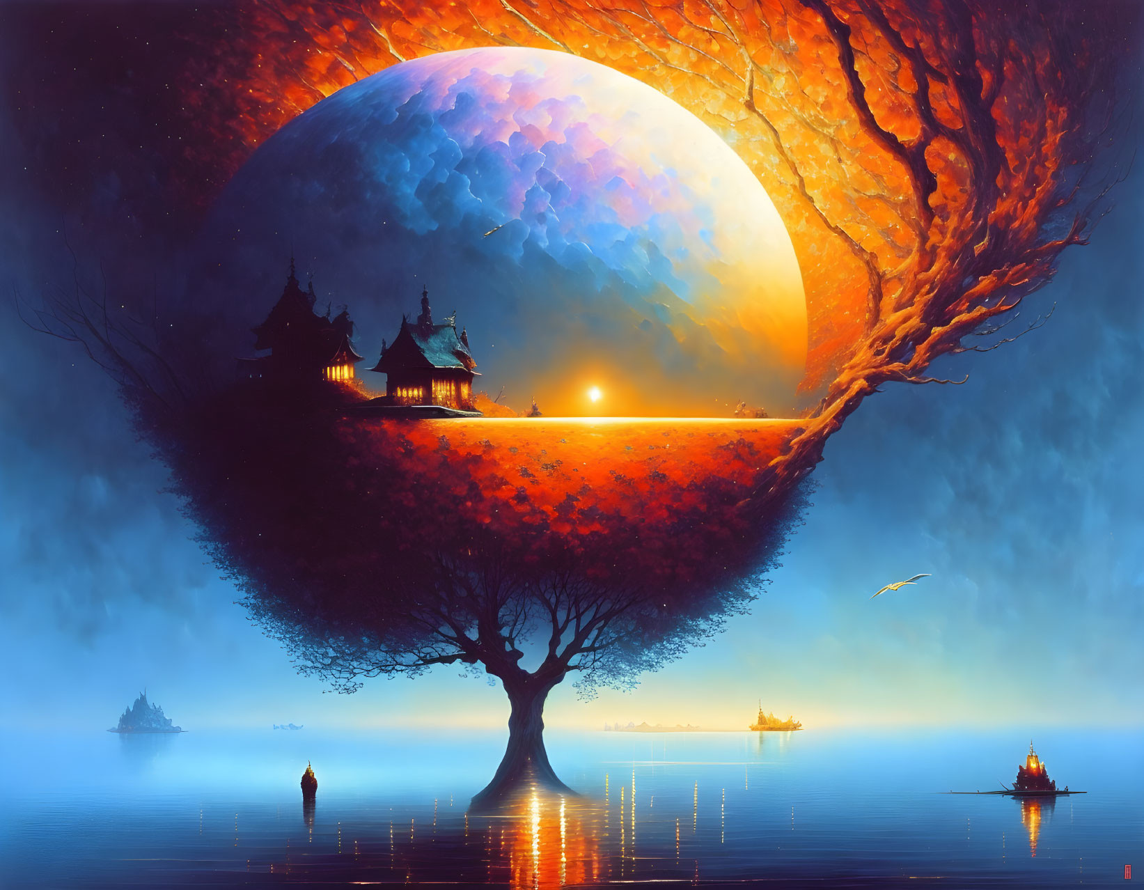 Surreal landscape with giant tree, celestial body, traditional buildings, ships, and lone figure.