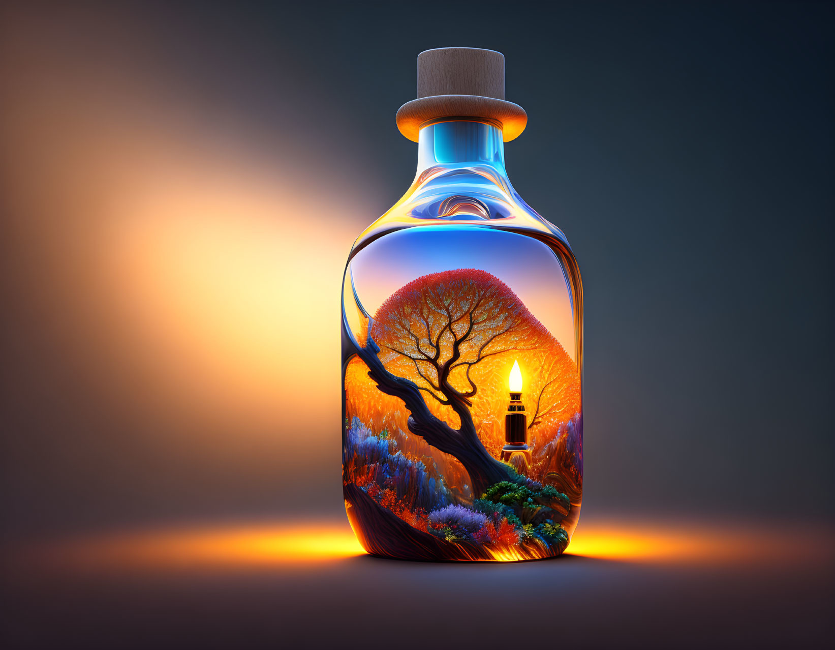 Vibrant sunset, tree, and lighthouse scene on a gradient bottle design