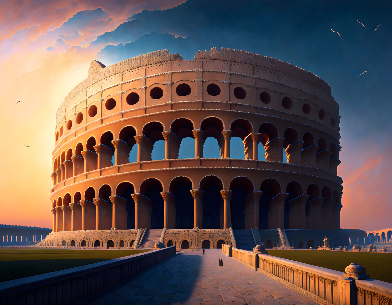 Surreal twilight digital art of Colosseum with birds in vibrant sky