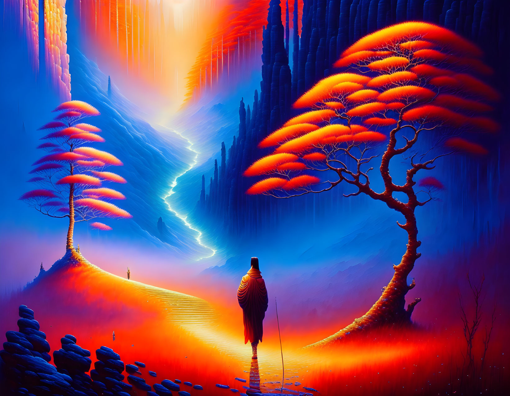 Colorful Mystic Landscape with Figure in Red Cloak on Orange Path