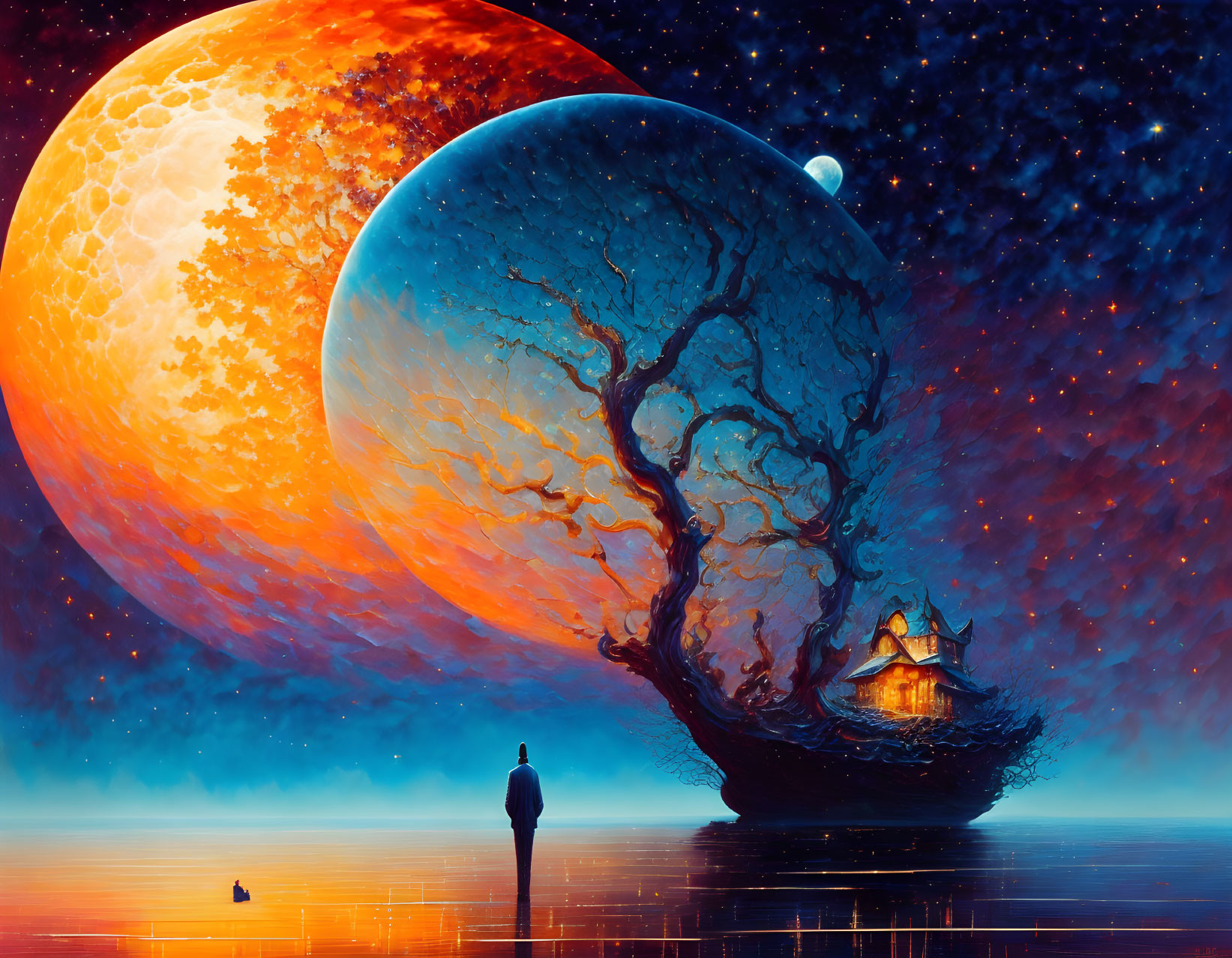 Surreal artwork featuring tree-shaped planet and celestial bodies